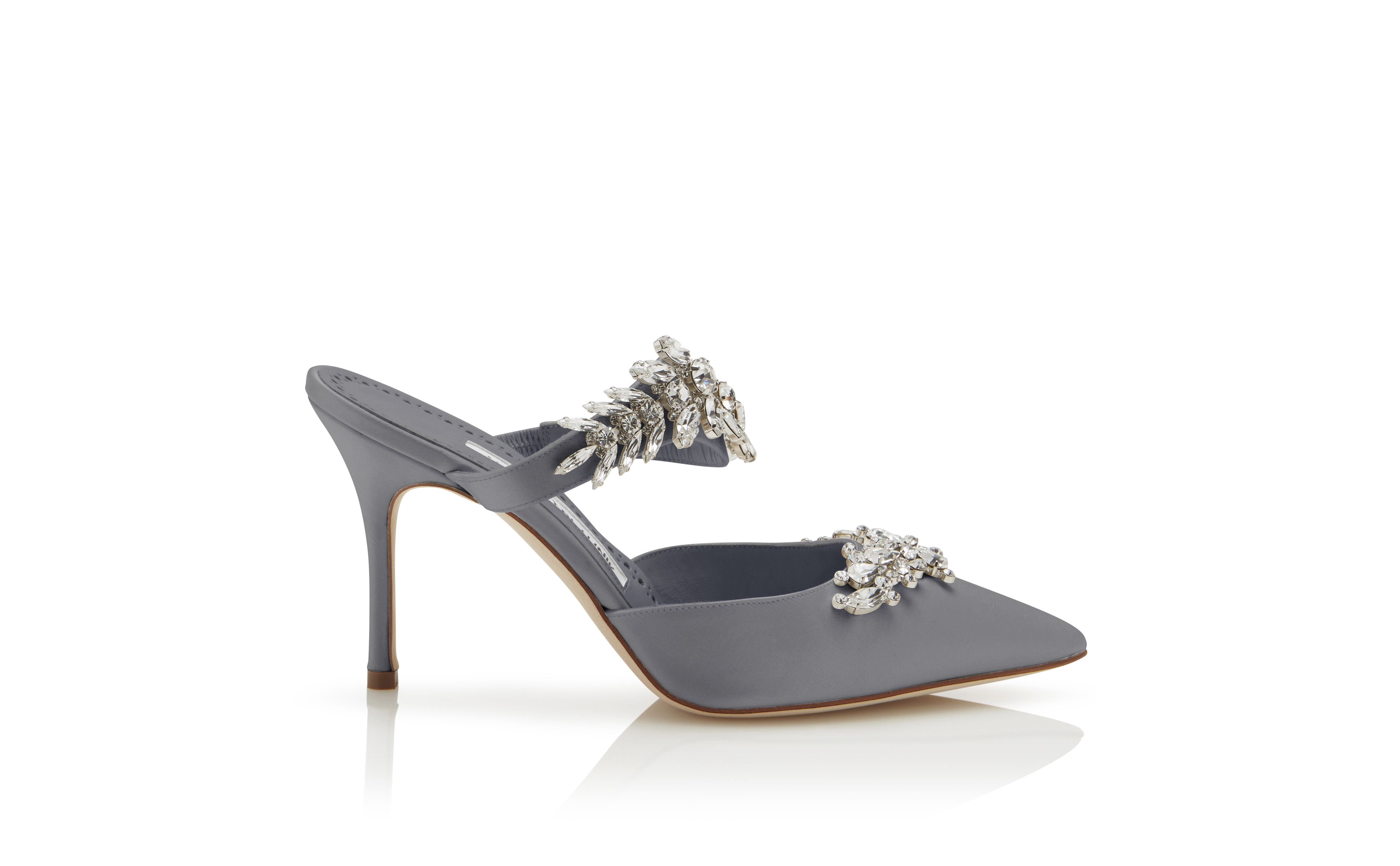 Designer Grey Satin Crystal Embellished Mules - Image Side View