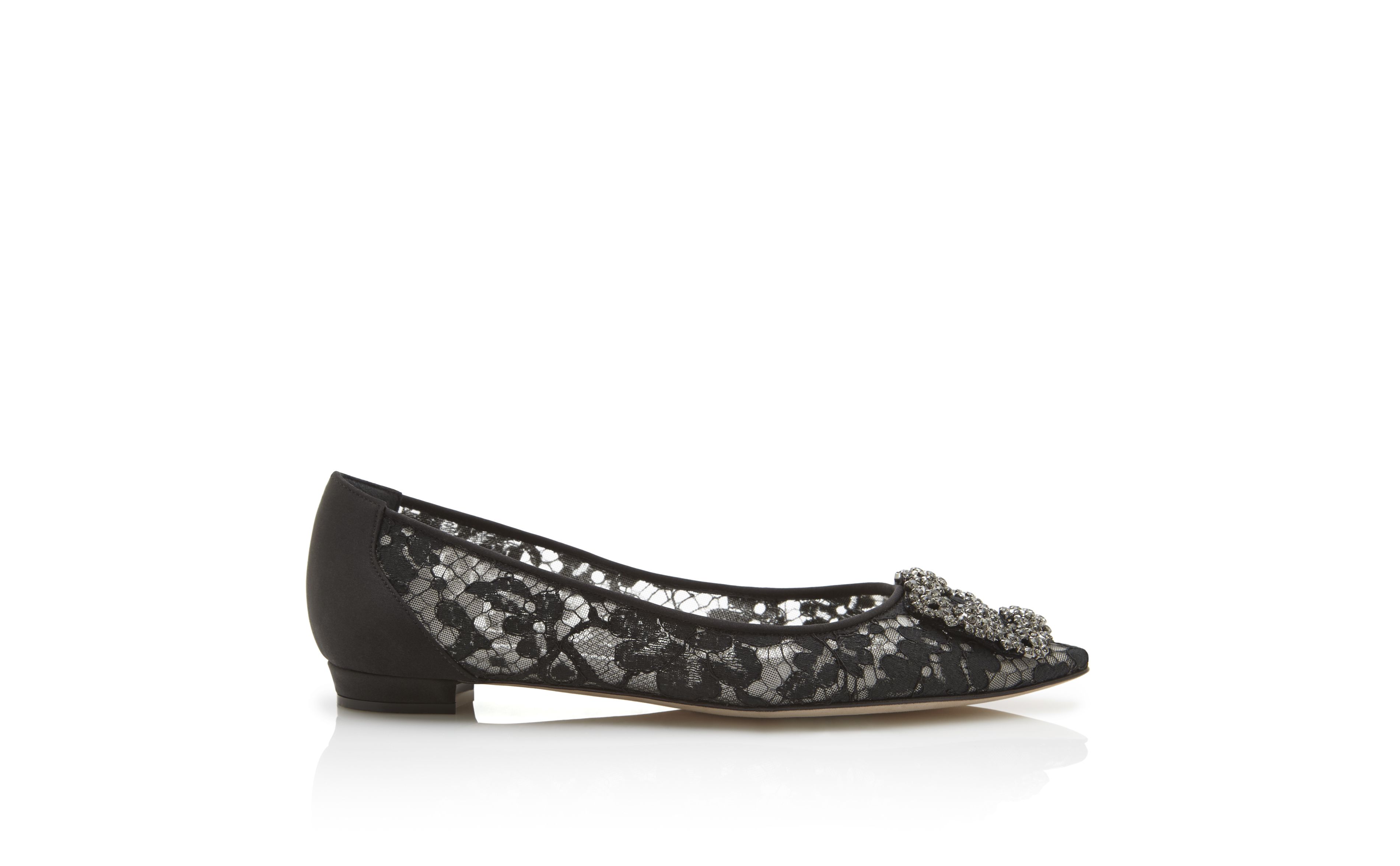 HANGISIFLAT LACE | Black Lace Jewel Buckle Flat Shoes | Manolo Blahnik