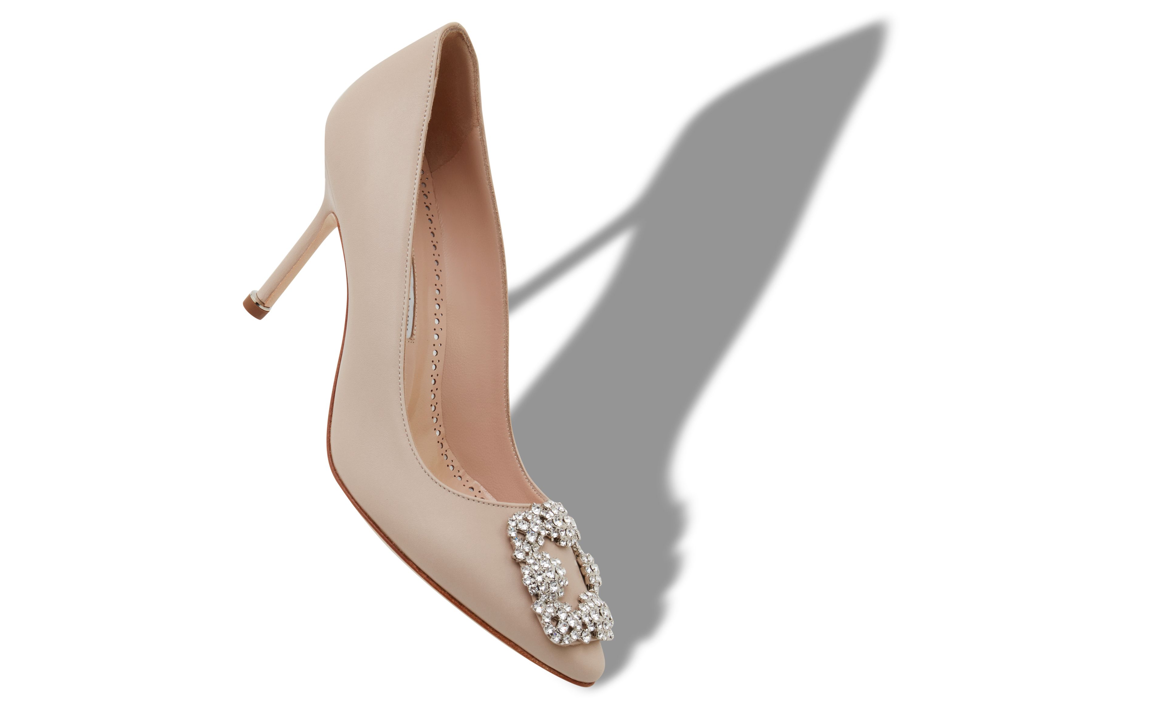 Designer Beige Calf Leather Jewel Buckle Pumps - Image Main