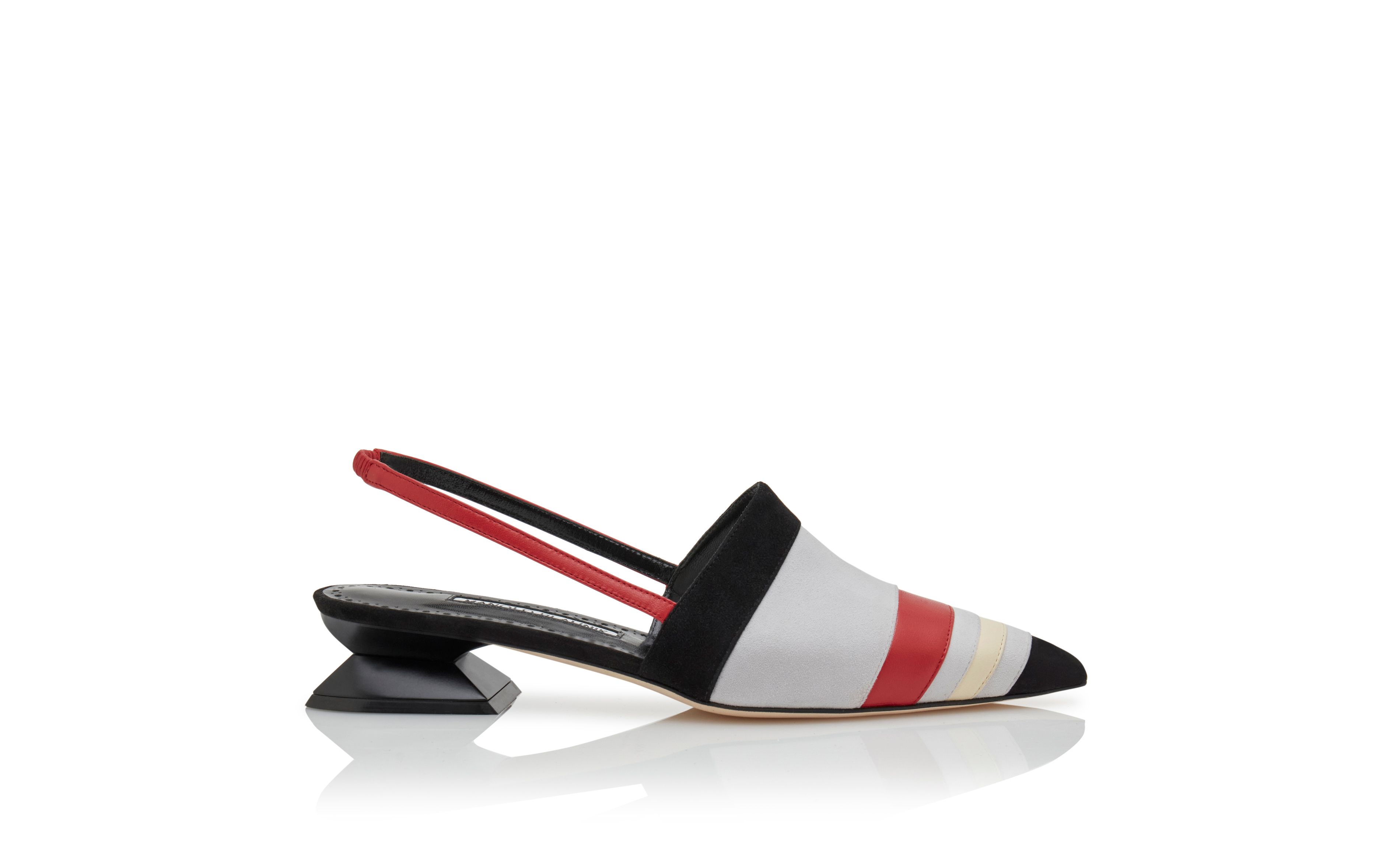 Designer Black, Grey, Cream and Red Suede Mules  - Image Side View