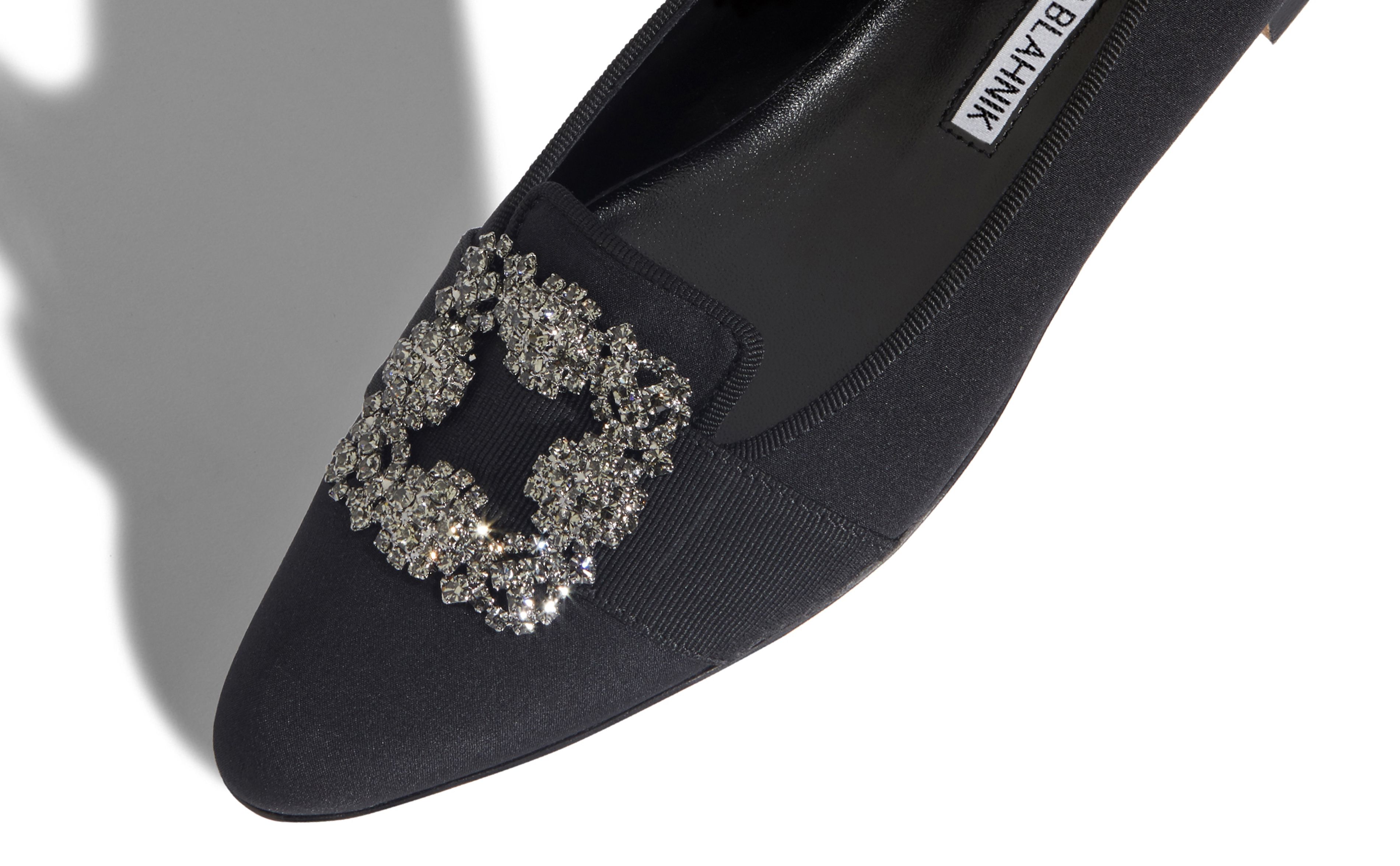 MARRIA | Black Crepe de Chine Embellished Flat Shoes | Manolo Blahnik