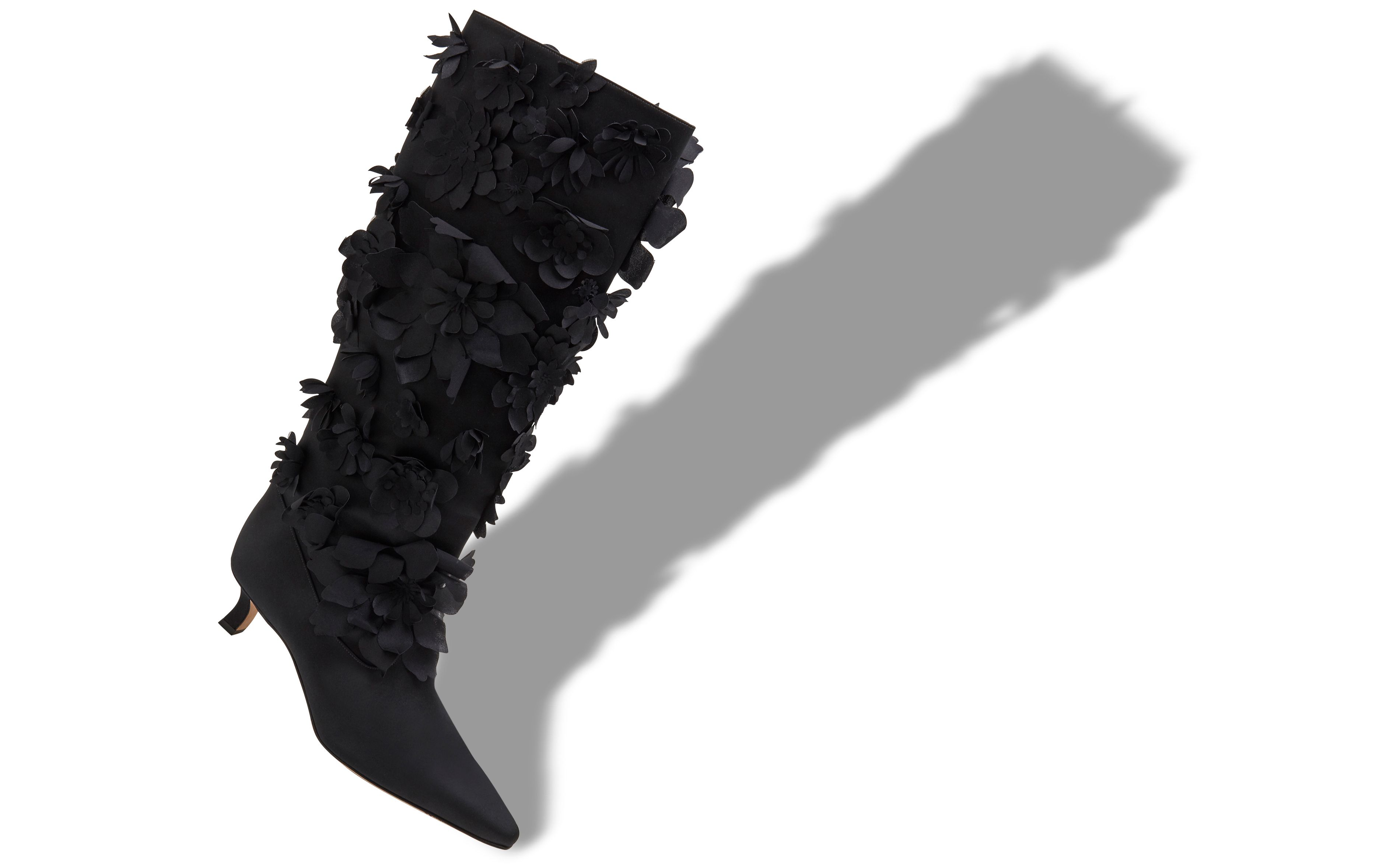 Designer Black Crepe Satin Knee High Boots - Image Main View