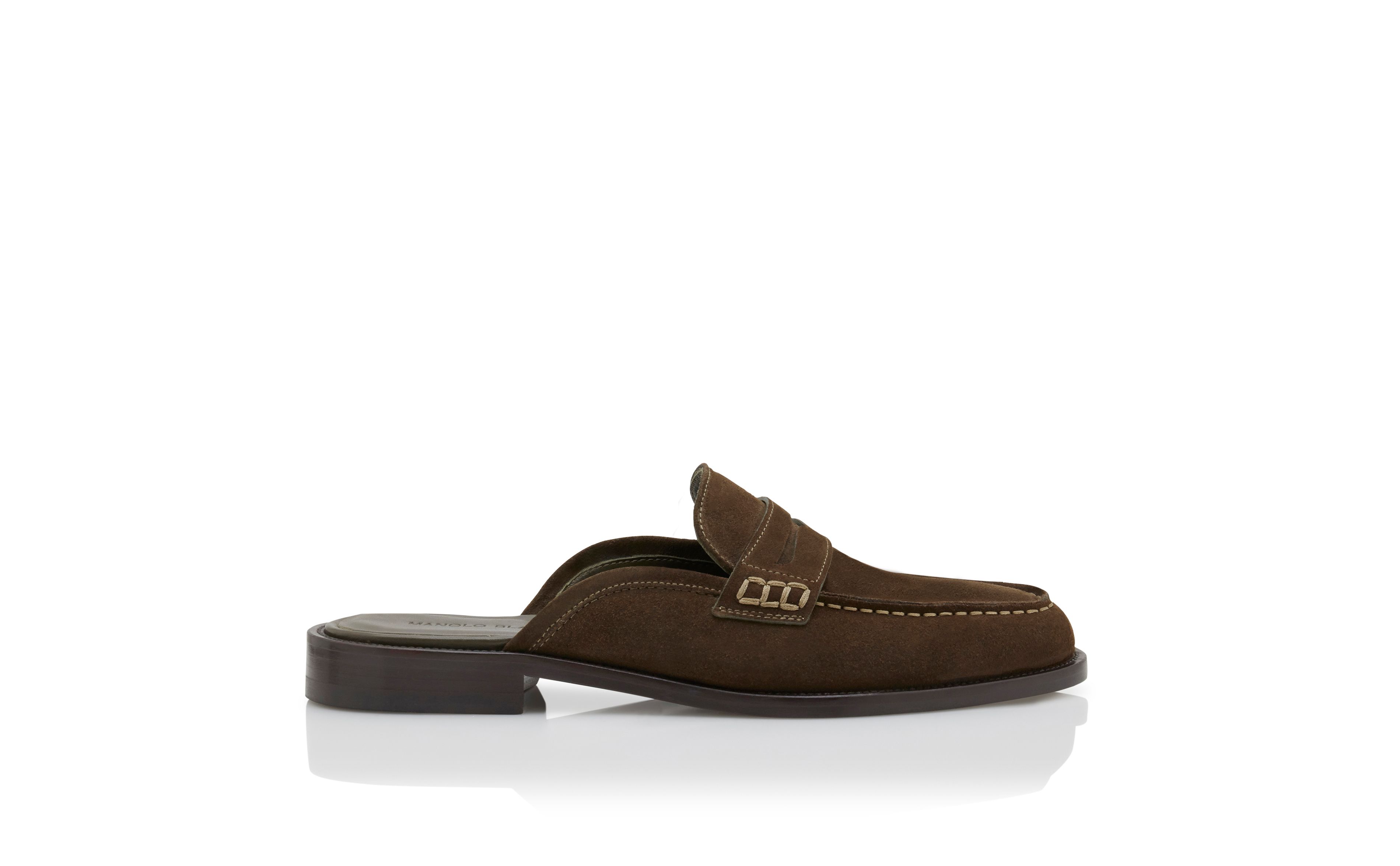 Designer Dark Khaki Suede Backless Penny Loafers - Image Side View
