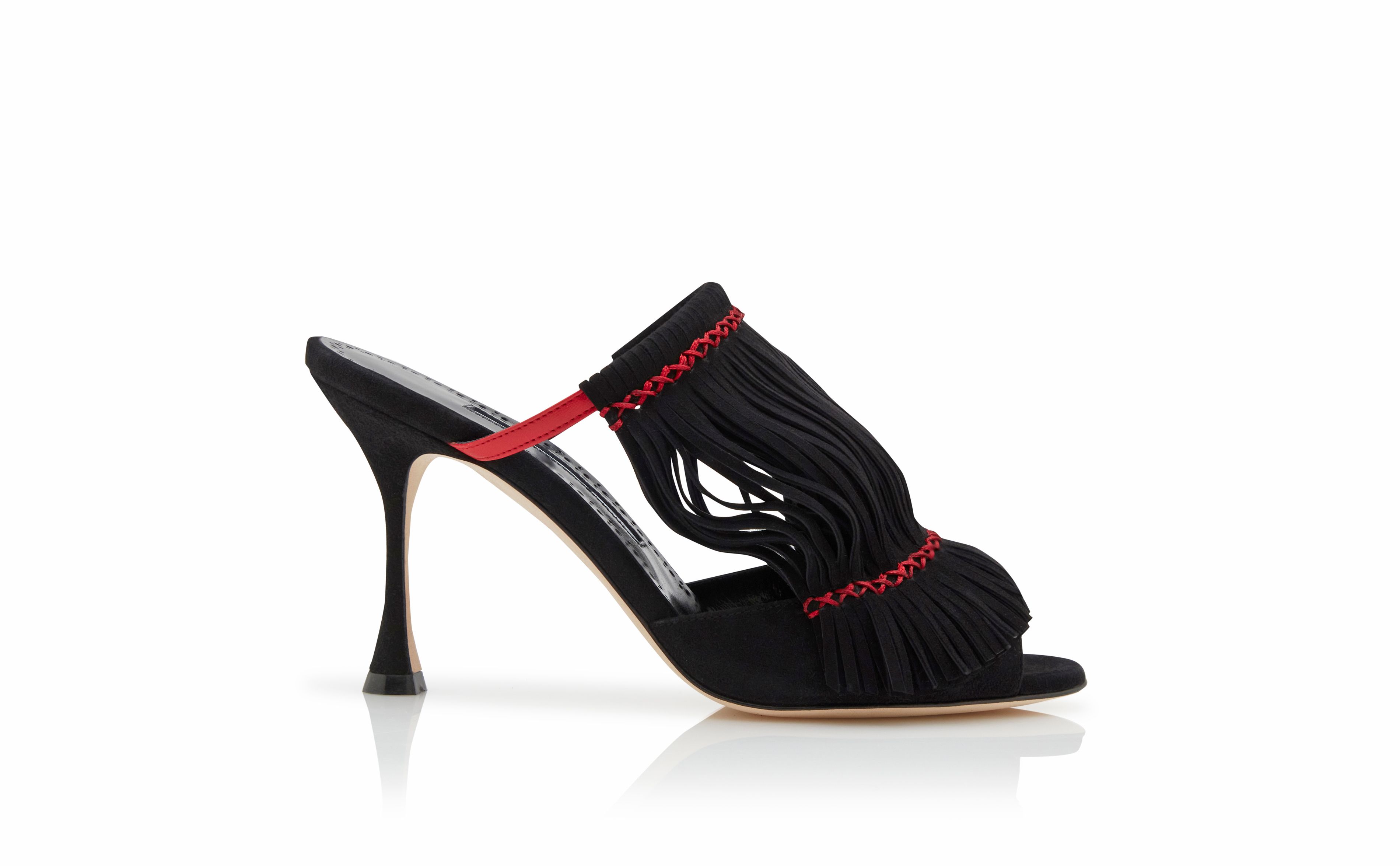 Designer Red Suede Fringe Detail Mules  - Image Side View