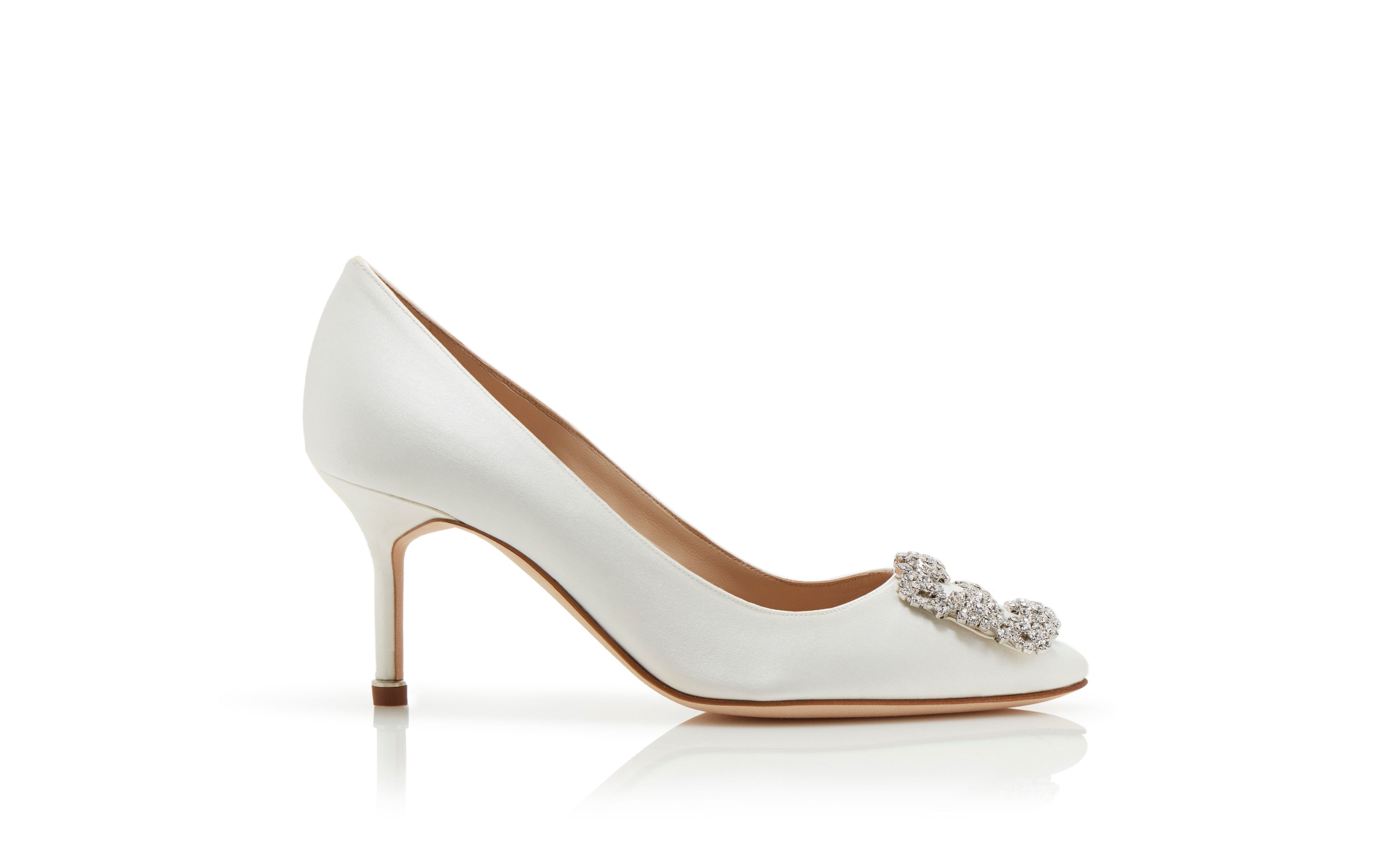 Designer White Satin Jewel Buckle Pumps - Image Side View