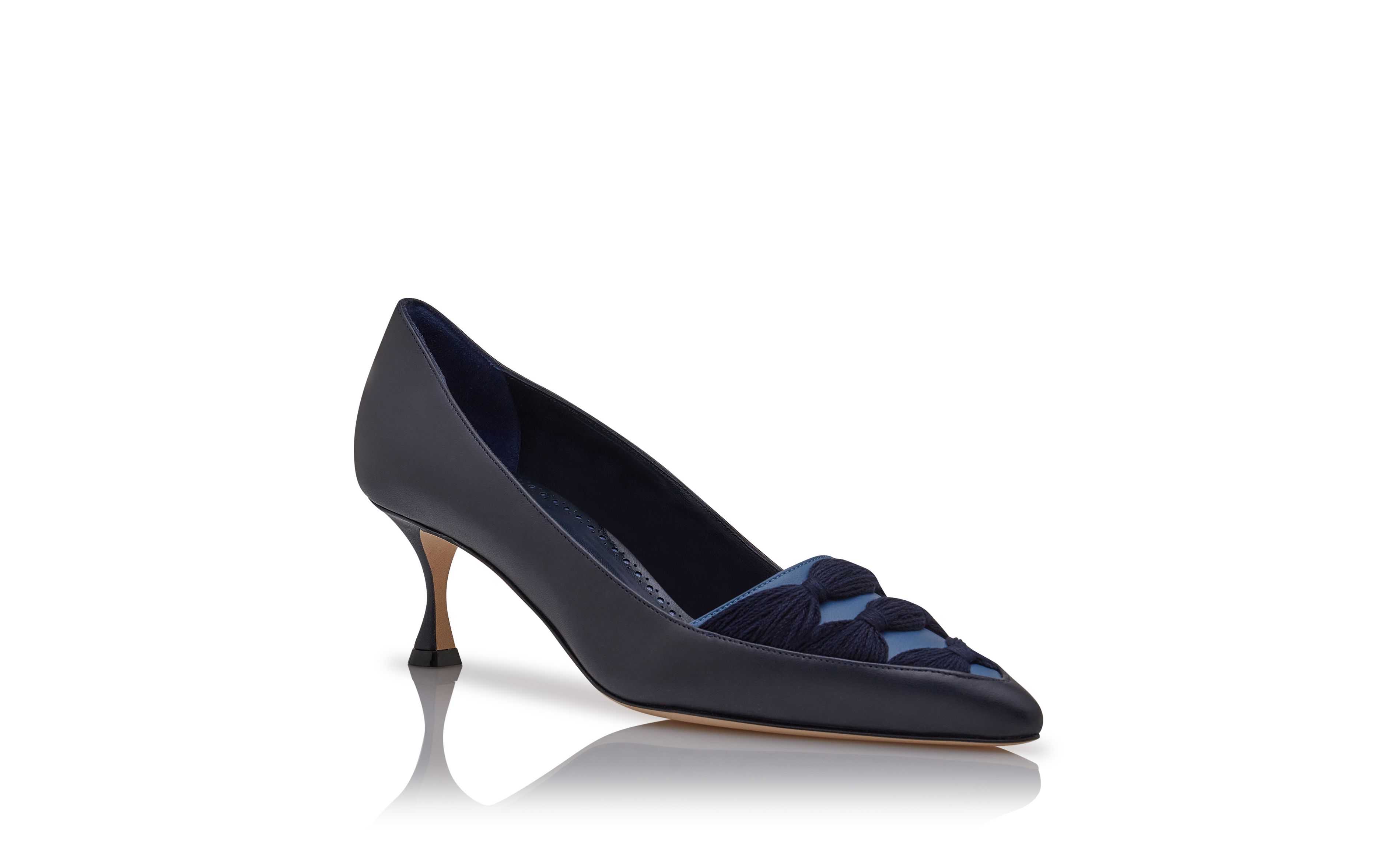 Manolo Blahnik Sandrila Navy Blue Nappa Leather Ruched Pumps