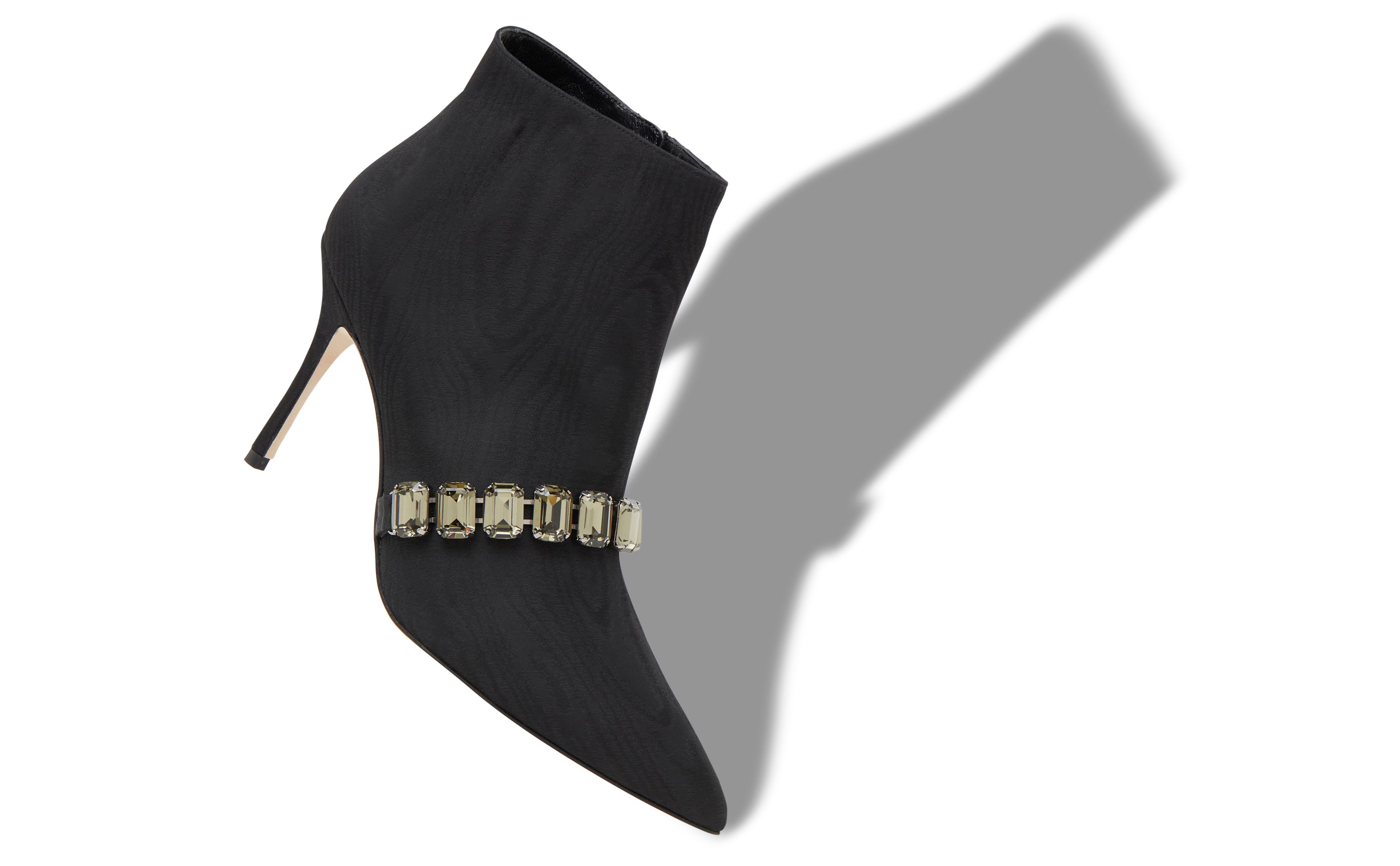 Designer Black Moire Jewel Strap Ankle Boots - Image Main