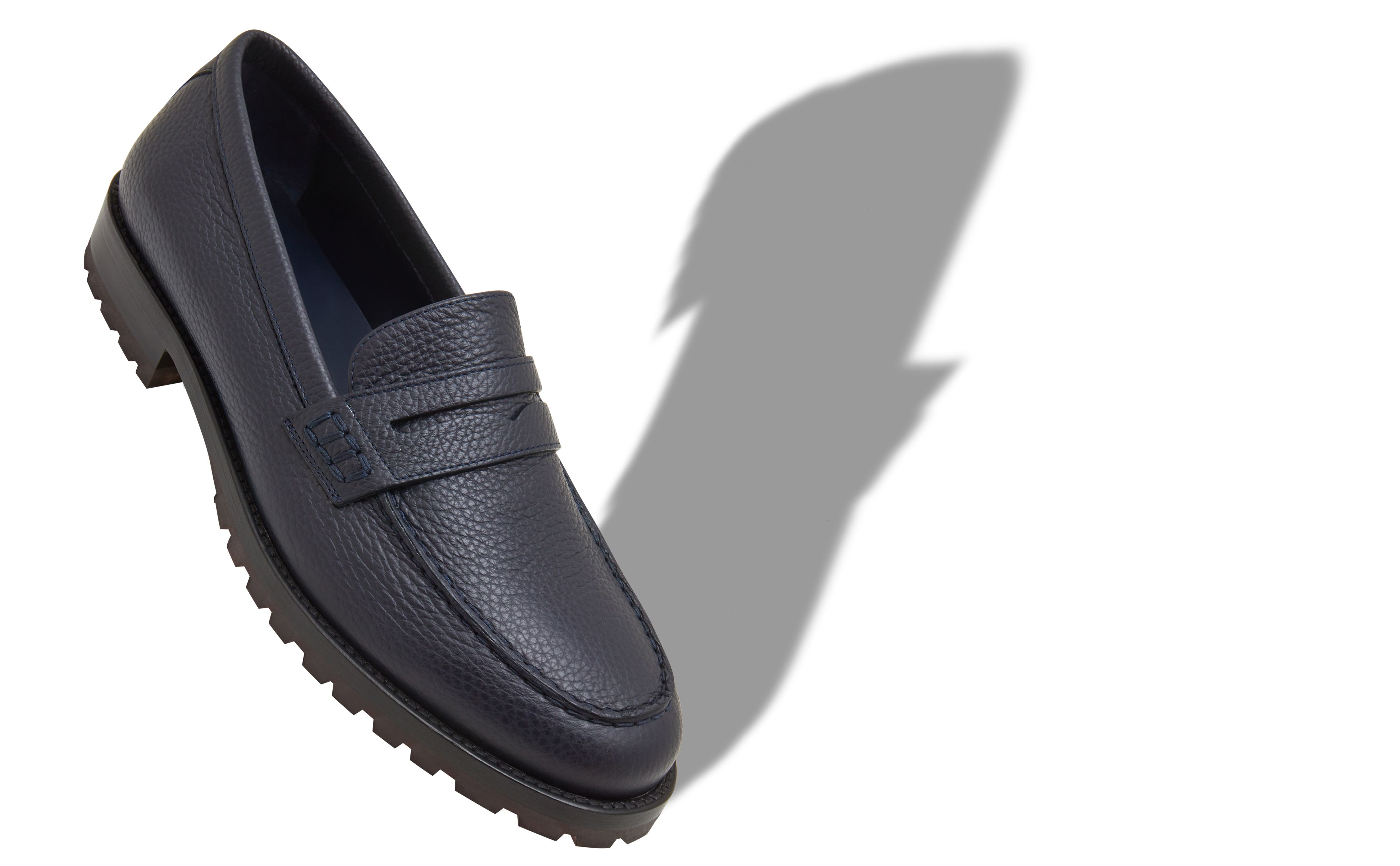 Designer Navy Blue Calf Leather Penny Loafers - Image Main View