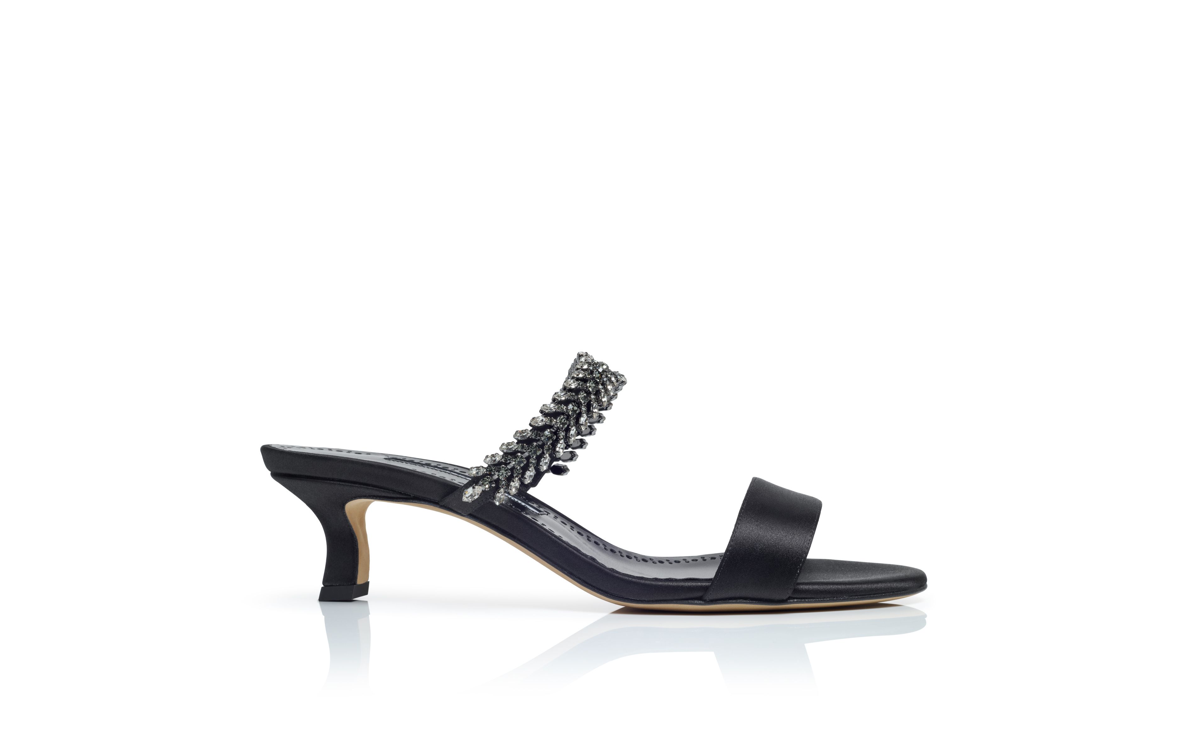 Designer Black Satin Jewel Embellished Mules - Image Side View