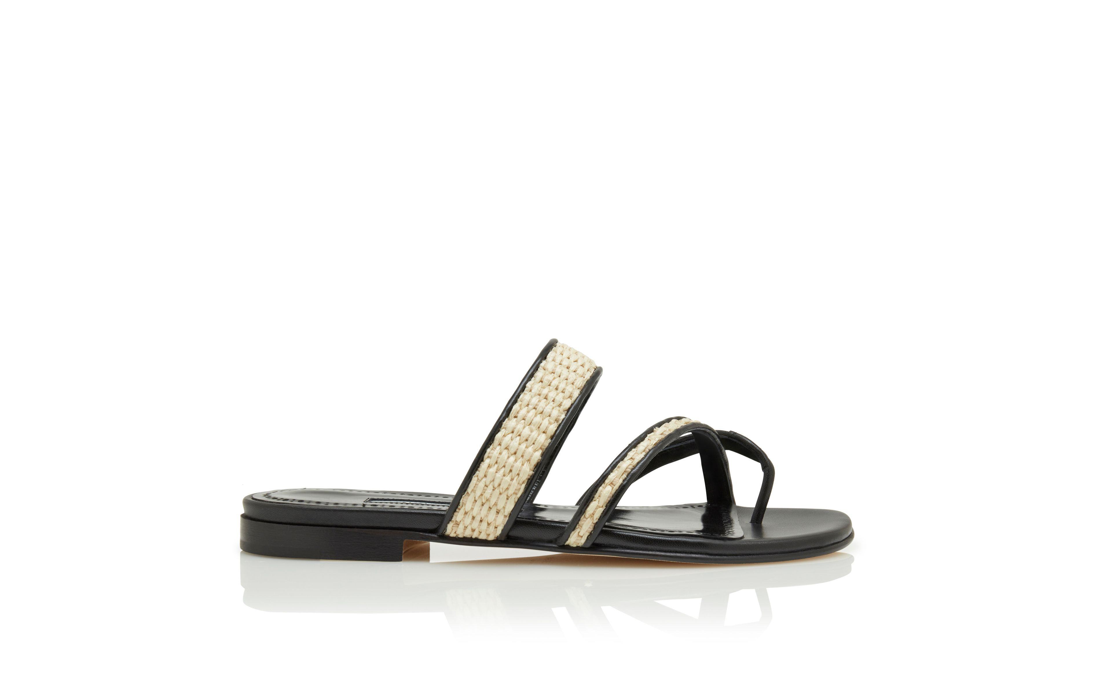 Designer Black and Beige Raffia Flat Sandals  - Image Side View