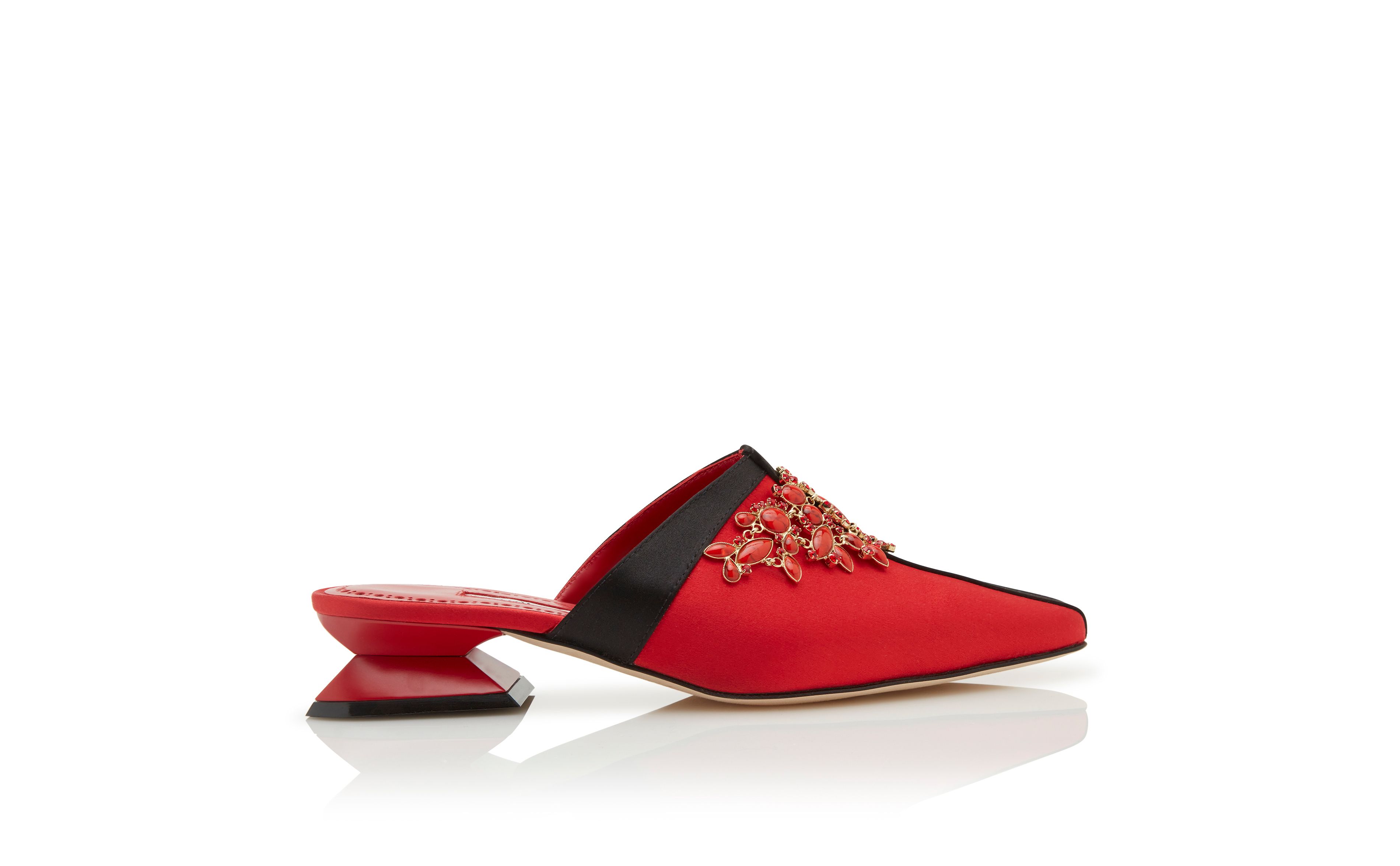 Designer Red Satin Jewel Embellished Mules - Image Side View