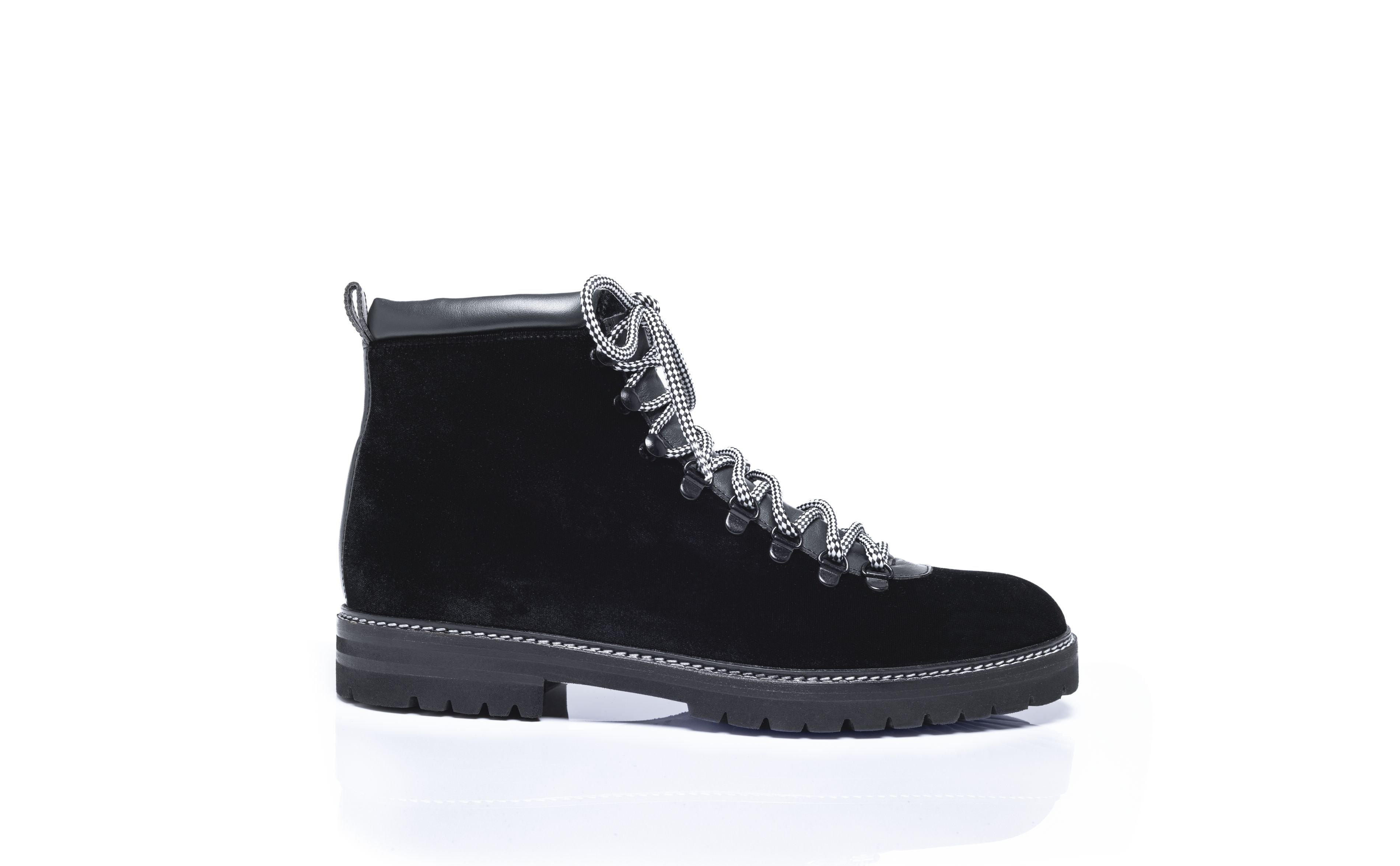 Designer Black Velvet Lace Up Boots - Image Side View
