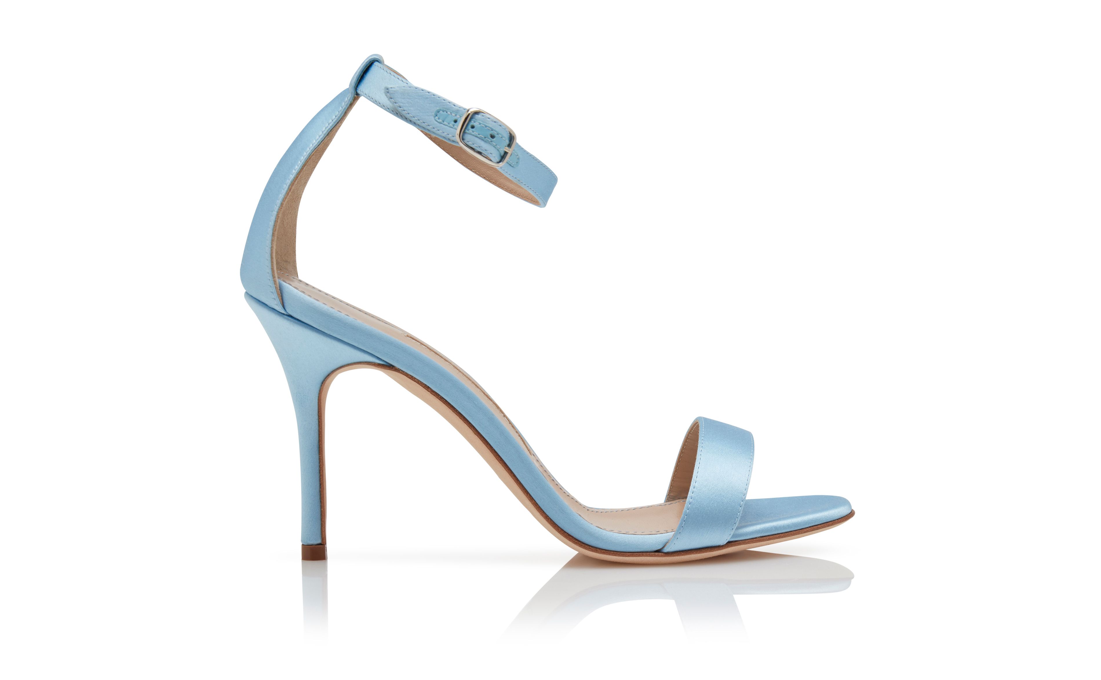 Designer Light Blue Satin Ankle Strap Sandals - Image Side View