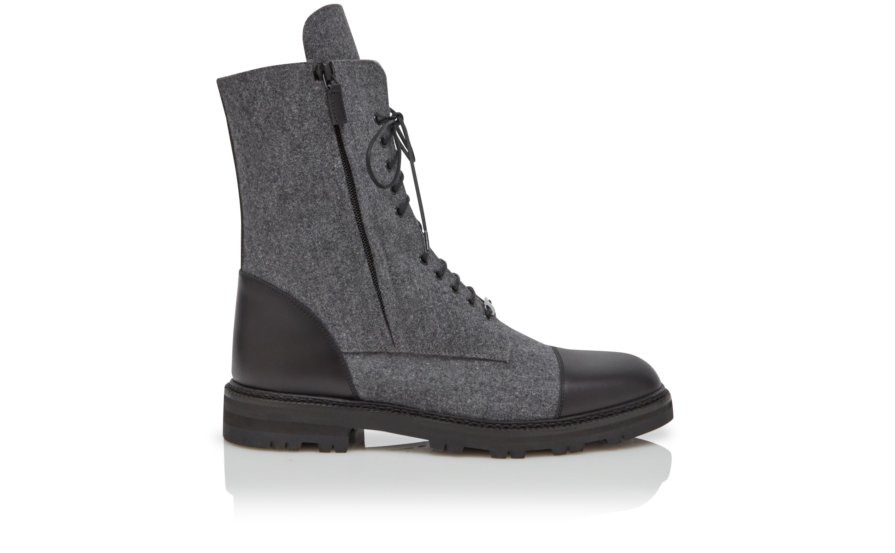 Designer Grey Wool and Calf Leather Military Boots - Image Side View