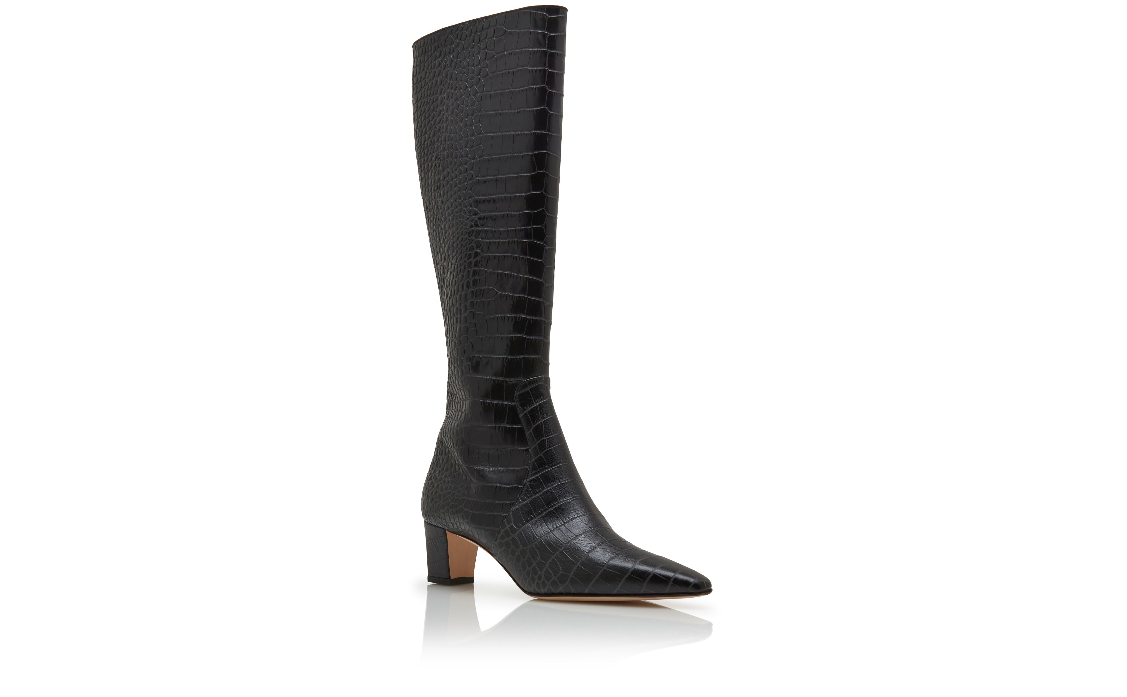 Designer Black Calf Leather Knee High Boots  - Image Upsell View