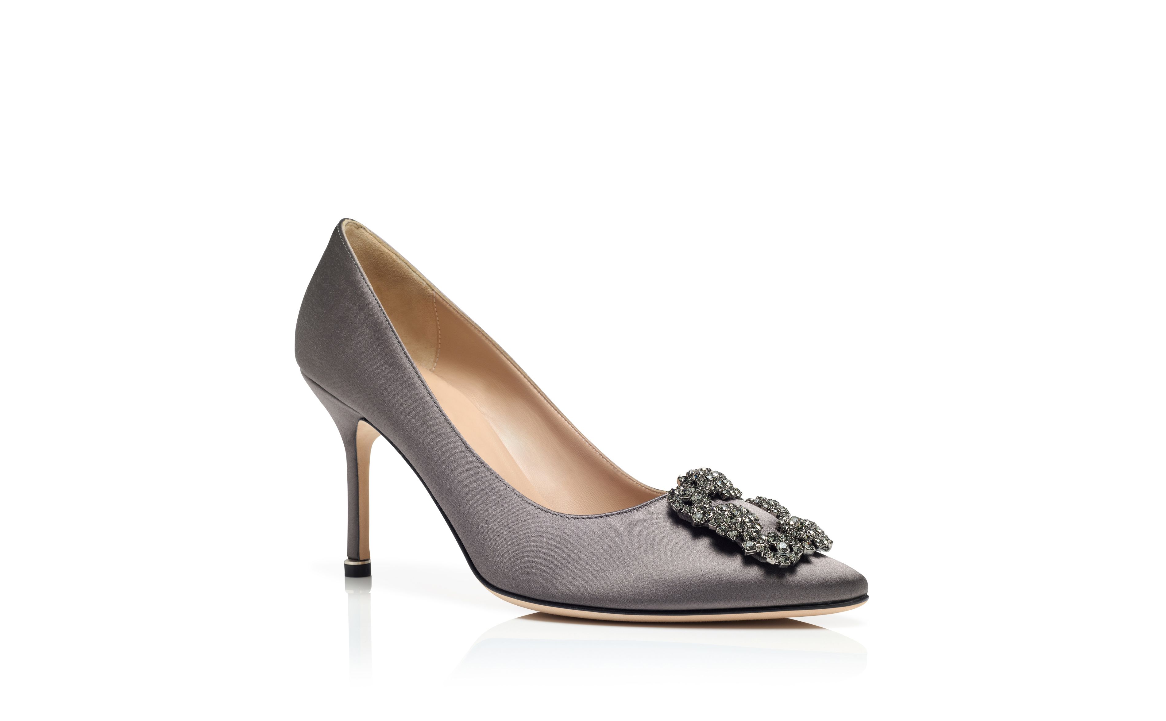 Designer Dark Grey Satin Jewel Buckle Pumps - Image Upsell