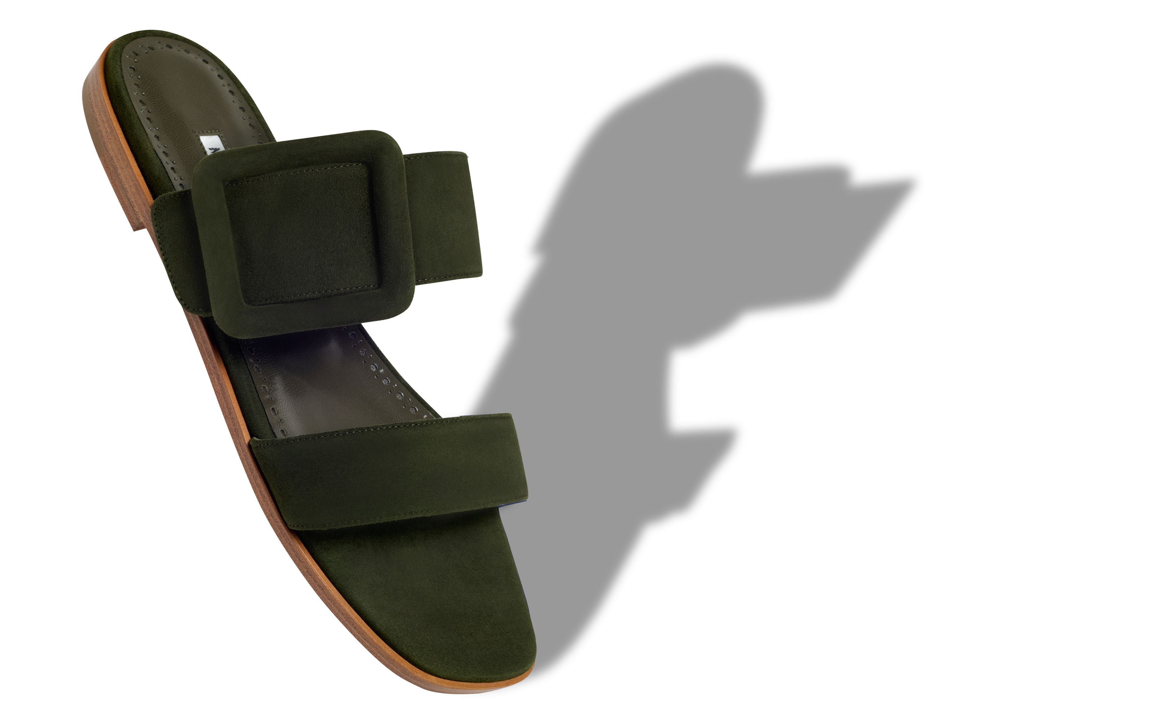 Designer Dark Green Suede Flat Sandals - Image Main