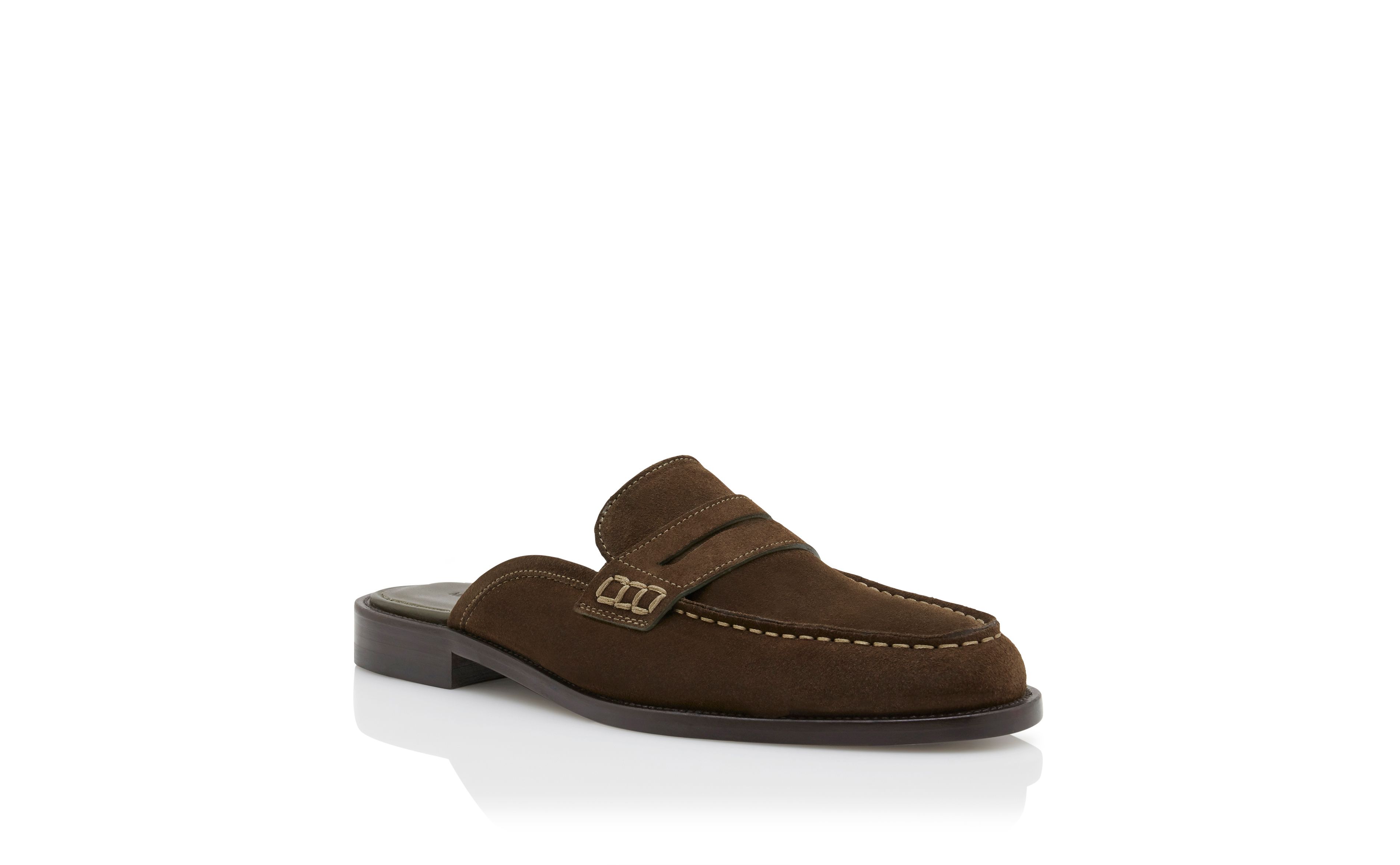 Designer Dark Khaki Suede Backless Penny Loafers - Image Upsell