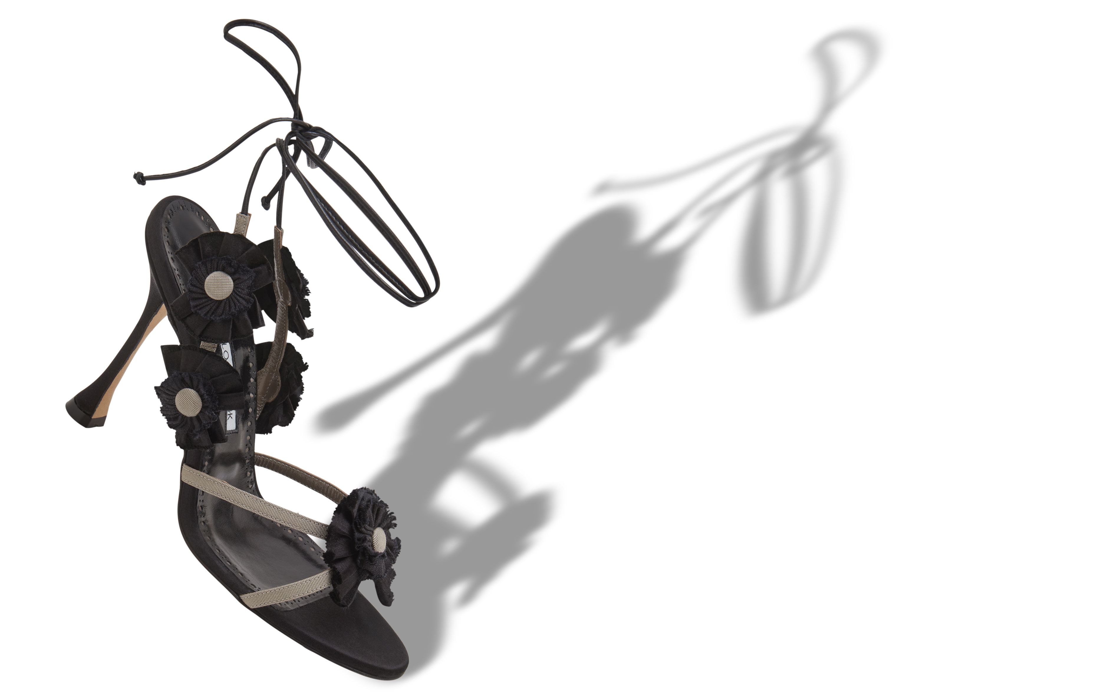 Designer Black Silk Rosettes Detail Ankle Strap Sandals  - Image Main View