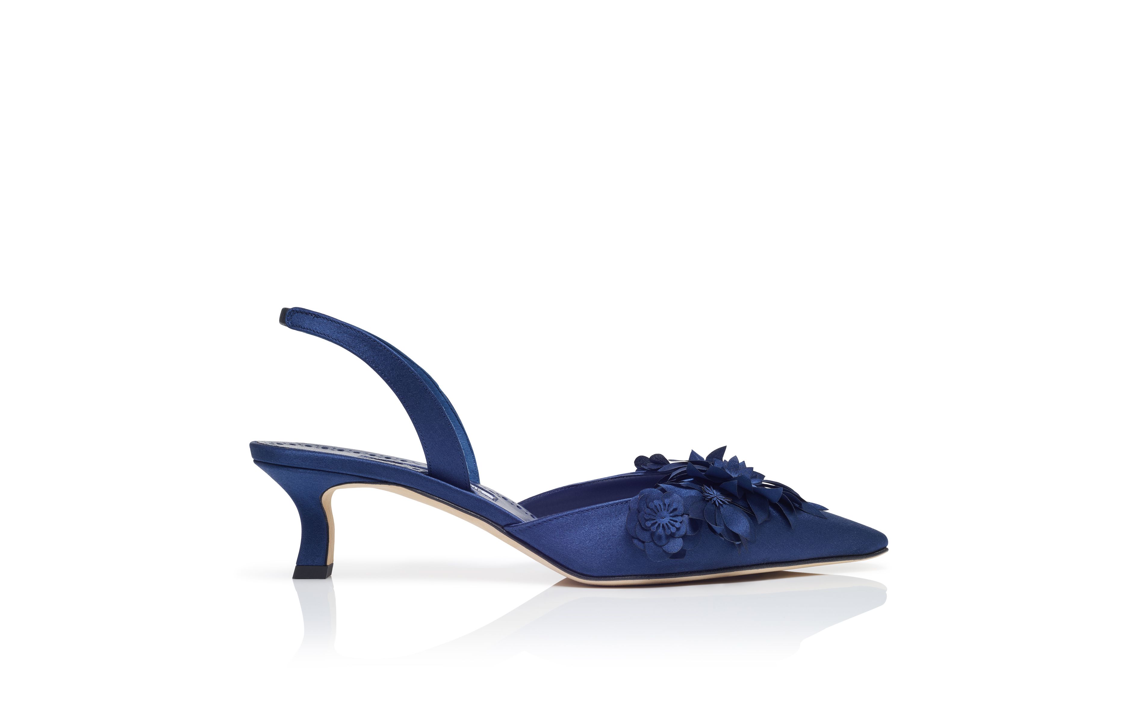 Designer Navy Blue Crepe Satin Slingback Pumps - Image Side View
