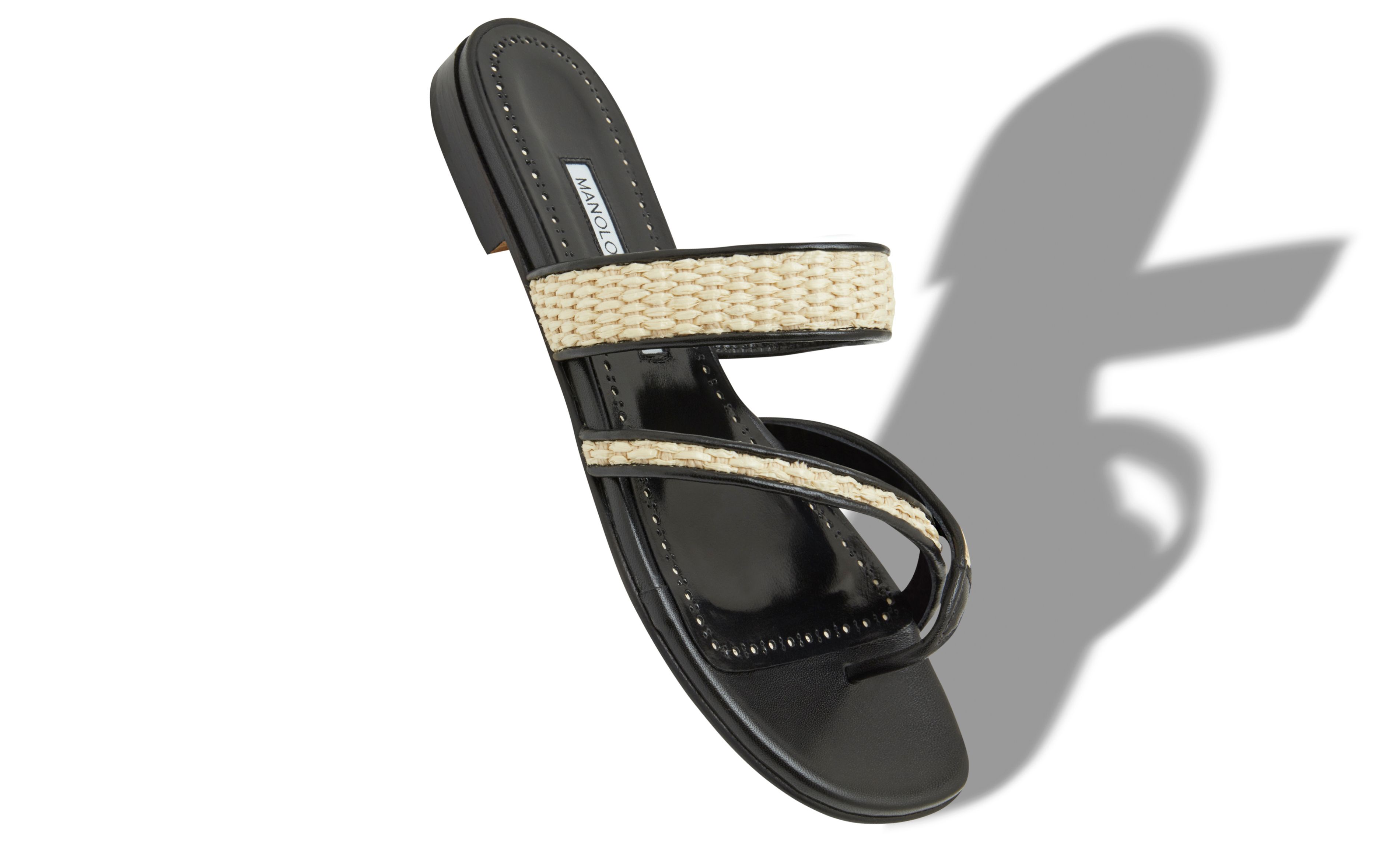 Designer Black and Beige Raffia Flat Sandals  - Image small_image