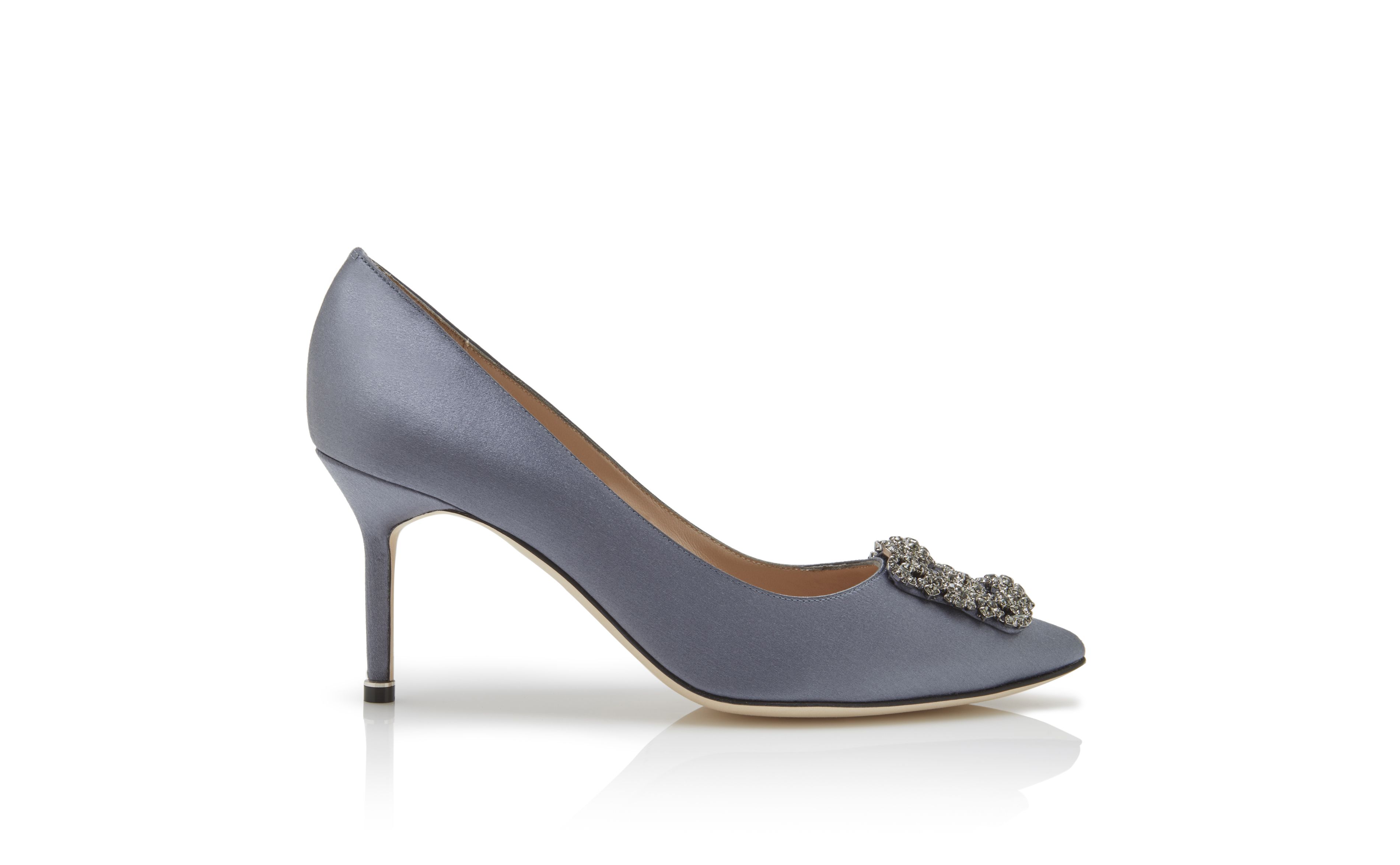 Designer Grey Satin Jewel Buckle Pumps - Image Side View