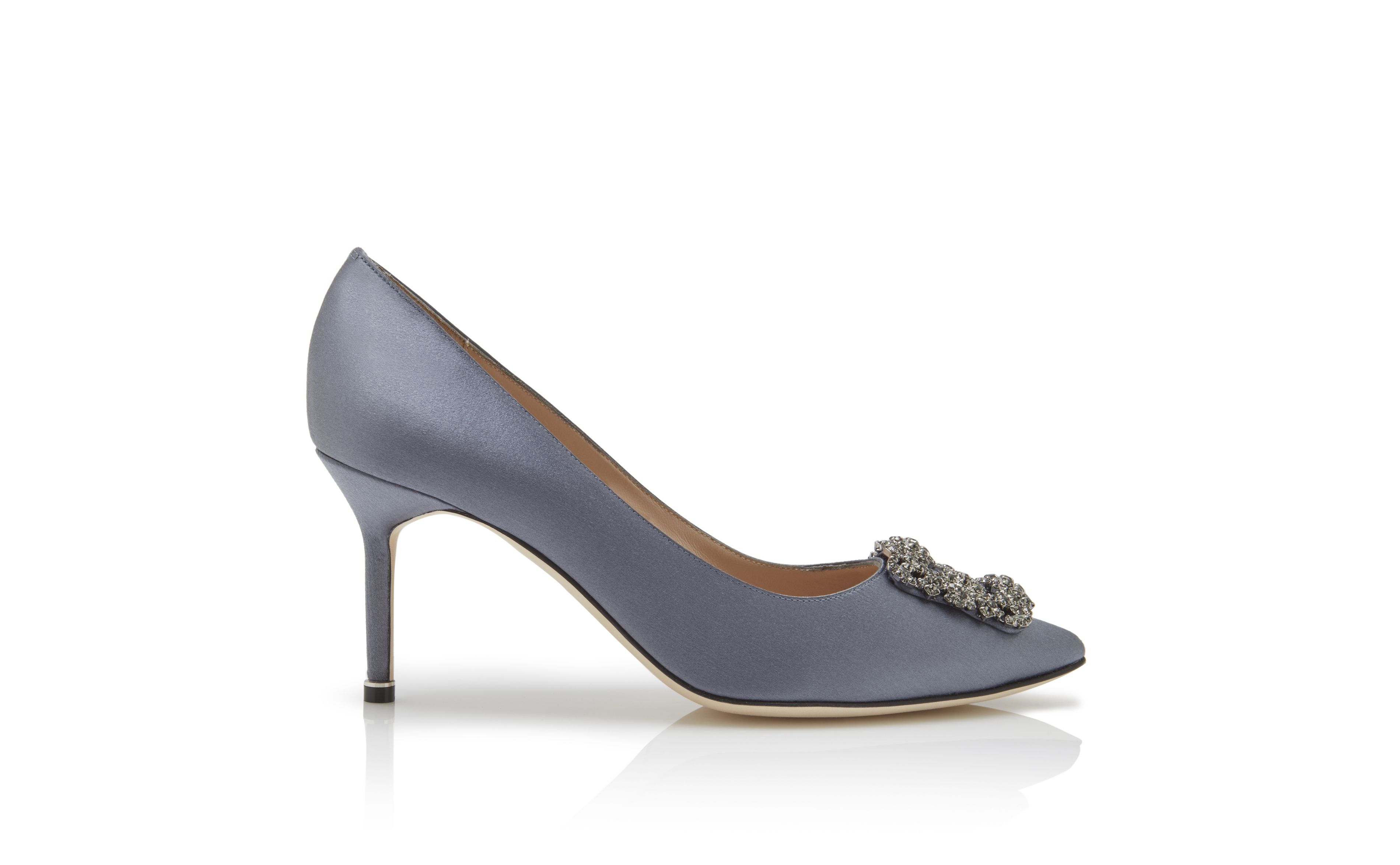 HANGISI 70 | Grey Satin Jewel Buckle Pumps | Manolo Blahnik