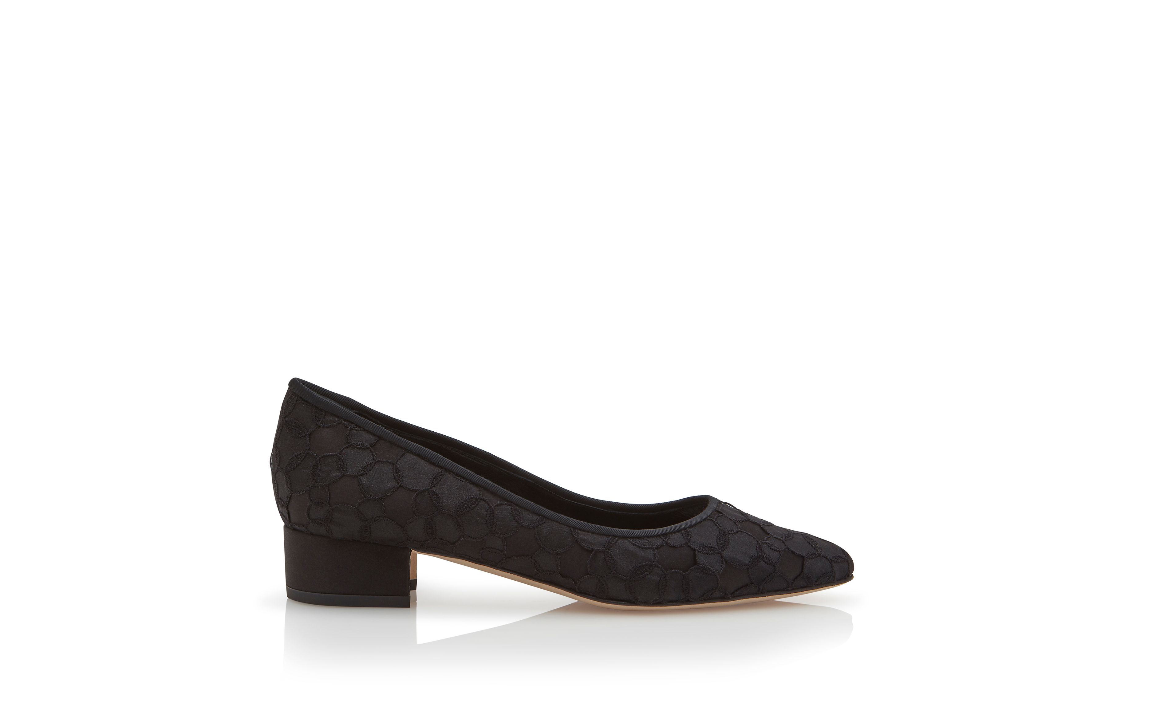 Designer Black Satin Lace Embroidered Pumps - Image Side View