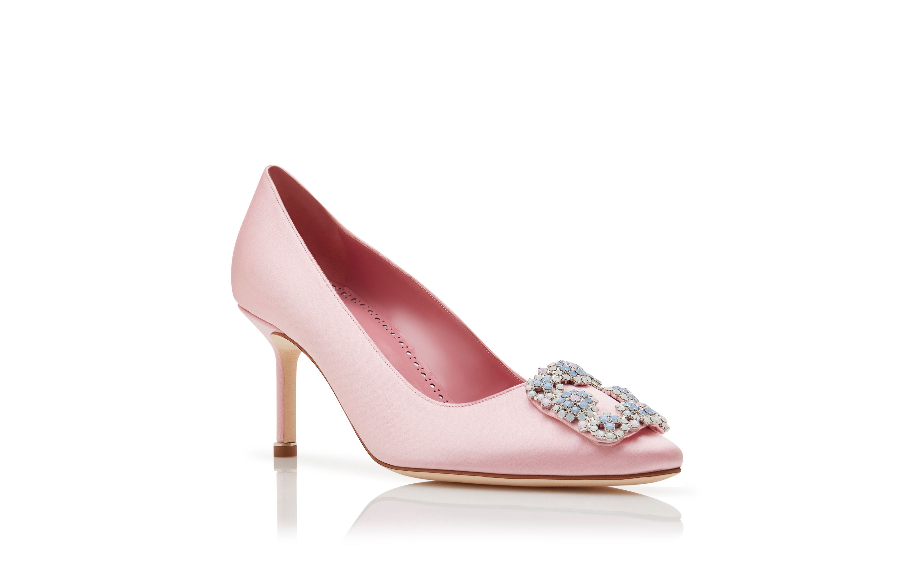 Designer Light Pink Satin Jewel Buckle Pumps - Image Upsell