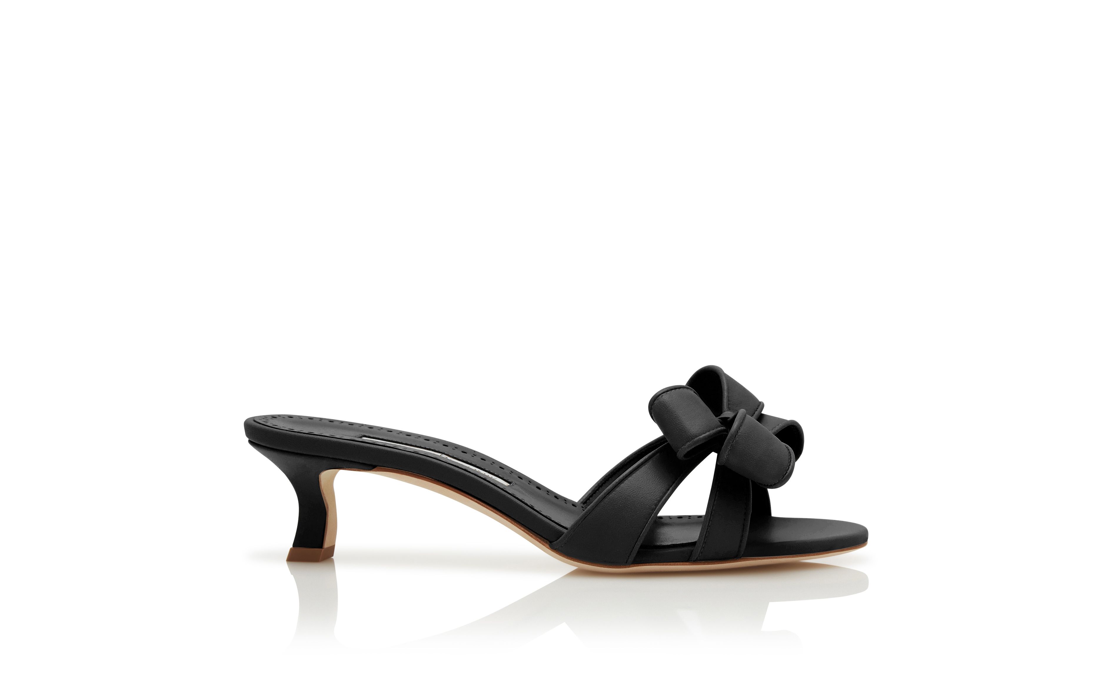 Designer Black Nappa Leather Bow Detail Mules - Image Side View