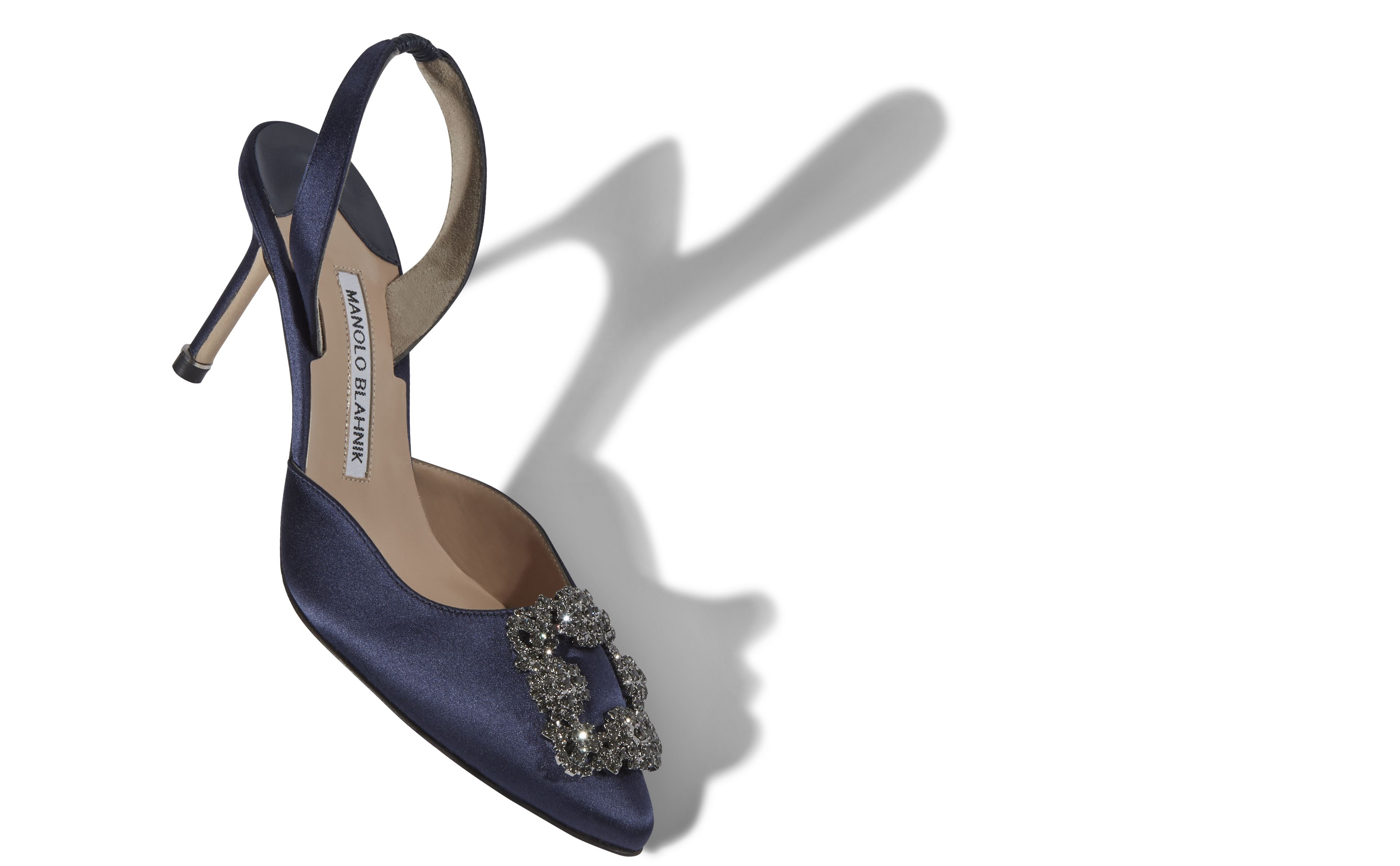 Designer Navy Blue Satin Jewel Buckle Slingback Pumps - Image Main