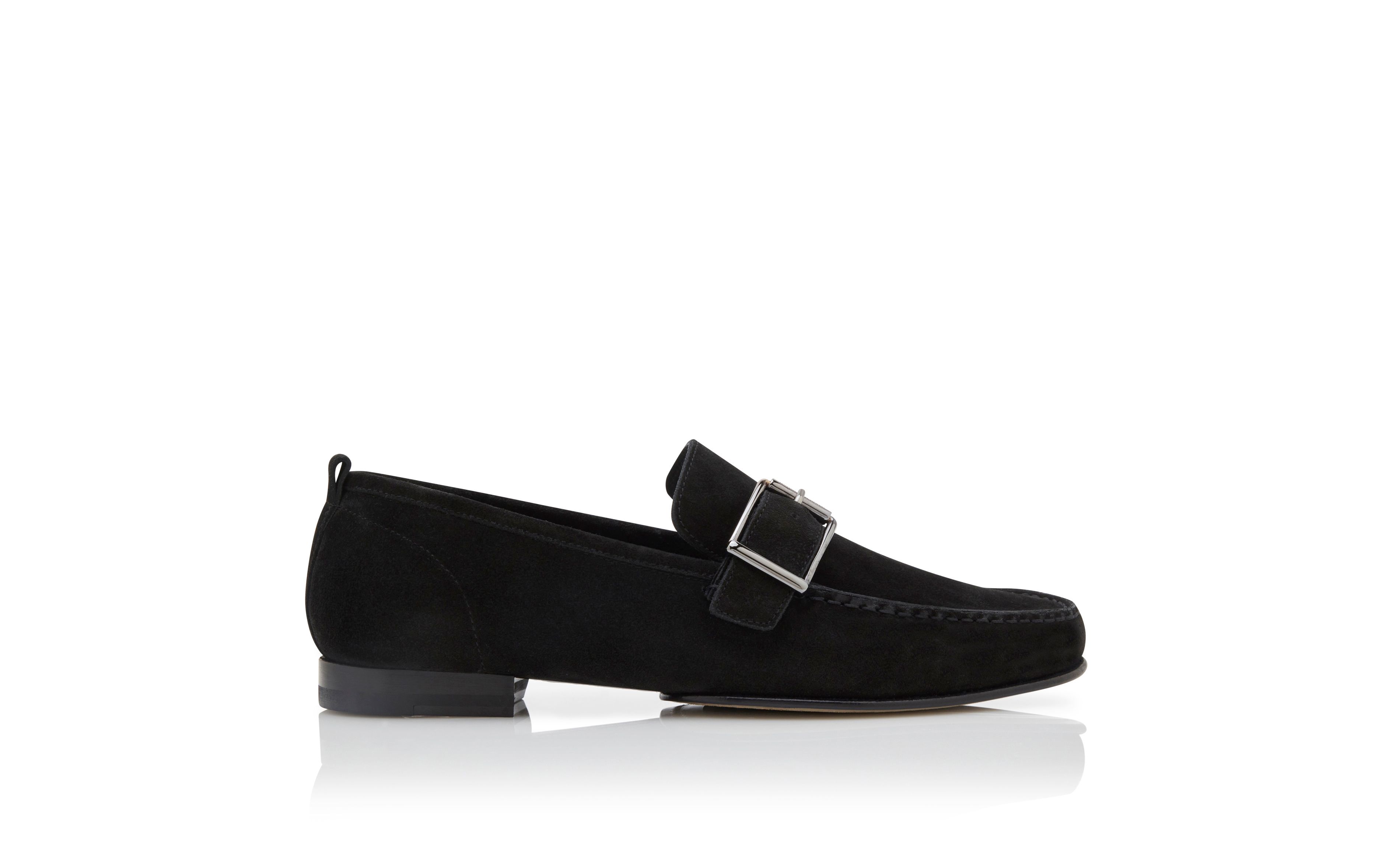 Designer Black Suede Buckle Slippers - Image Side View