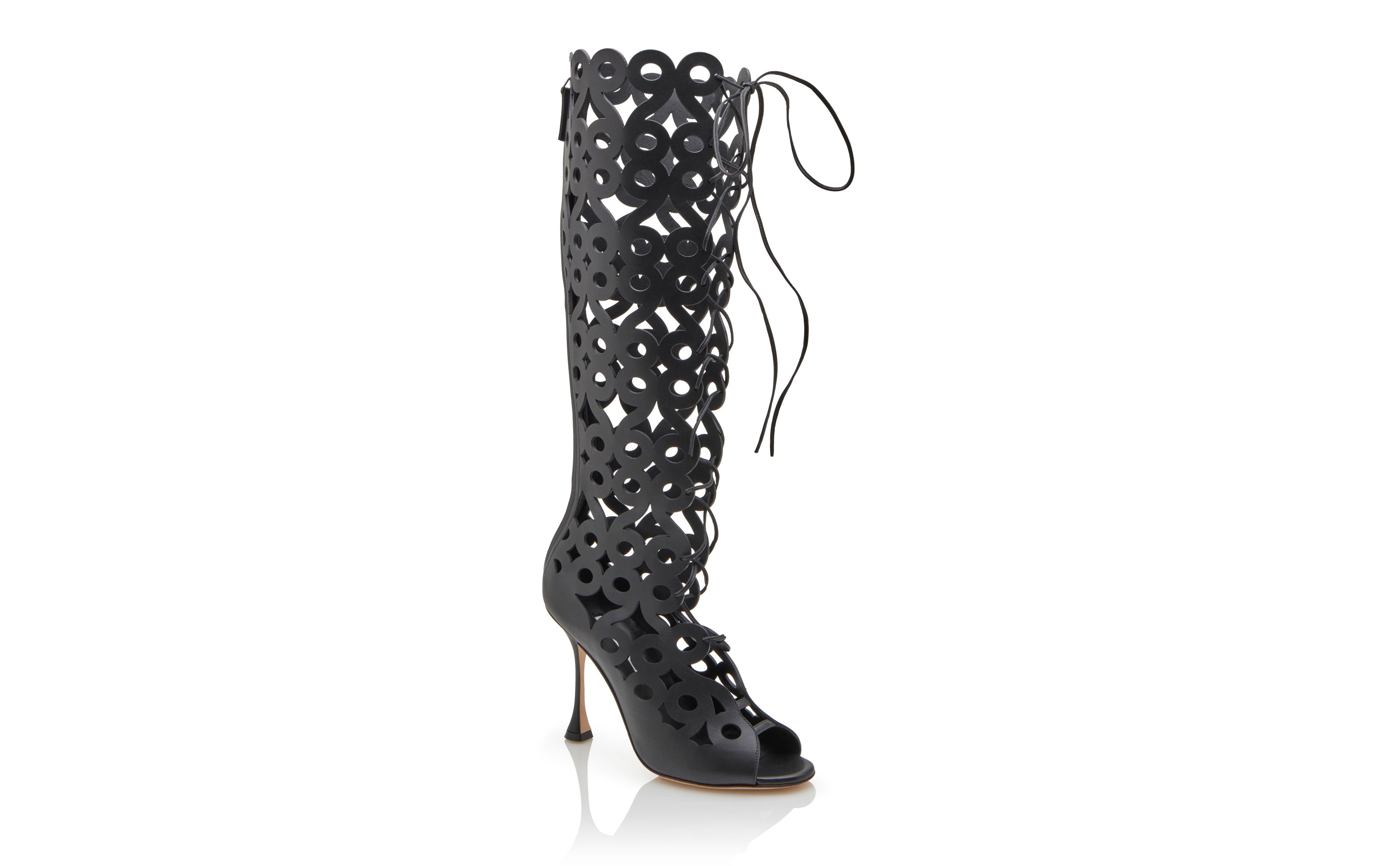 Designer Black Calf Leather Cut Out Knee High Boots - Image Upsell