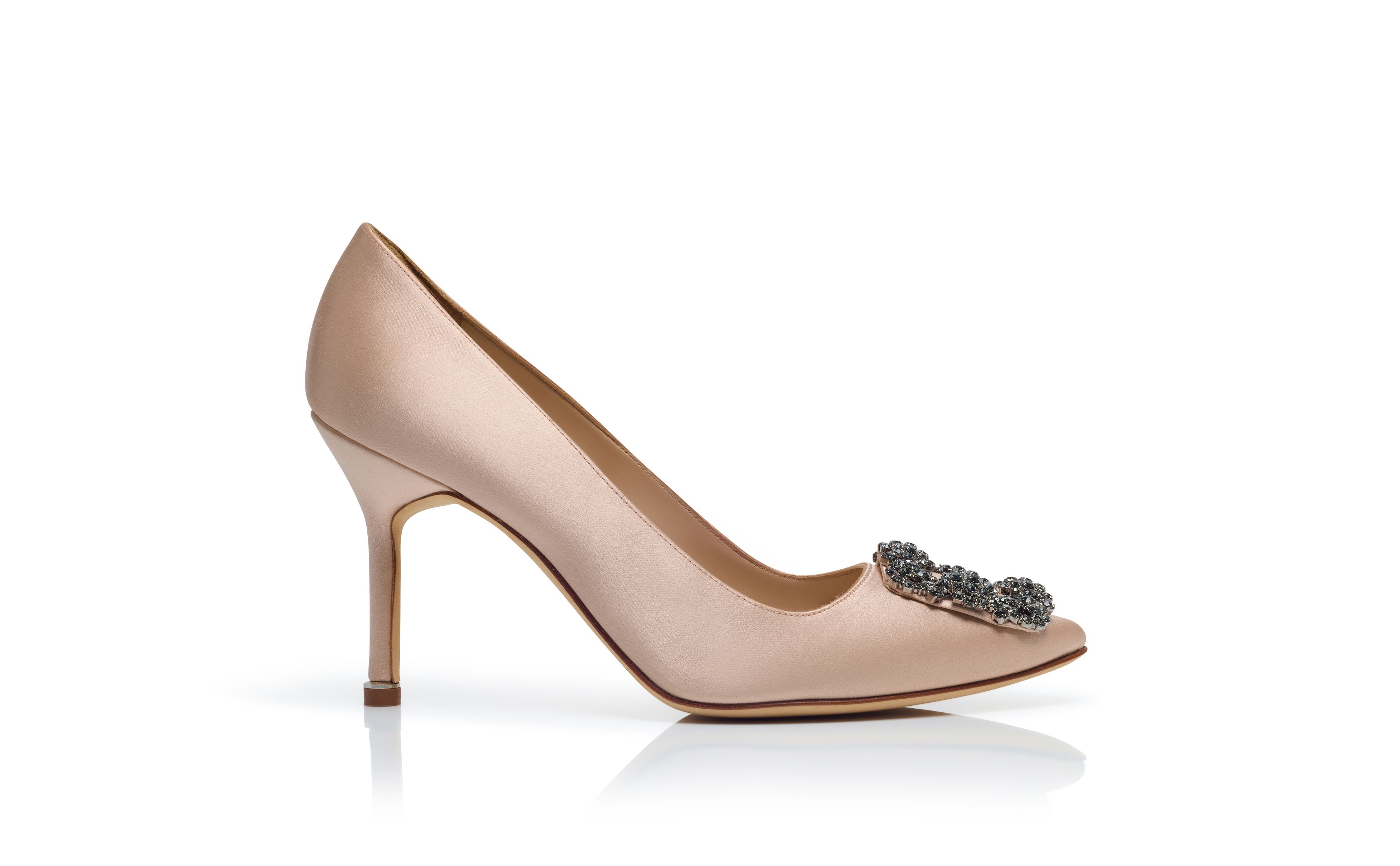 Designer Beige Satin Jewel Buckle Pumps - Image Side View