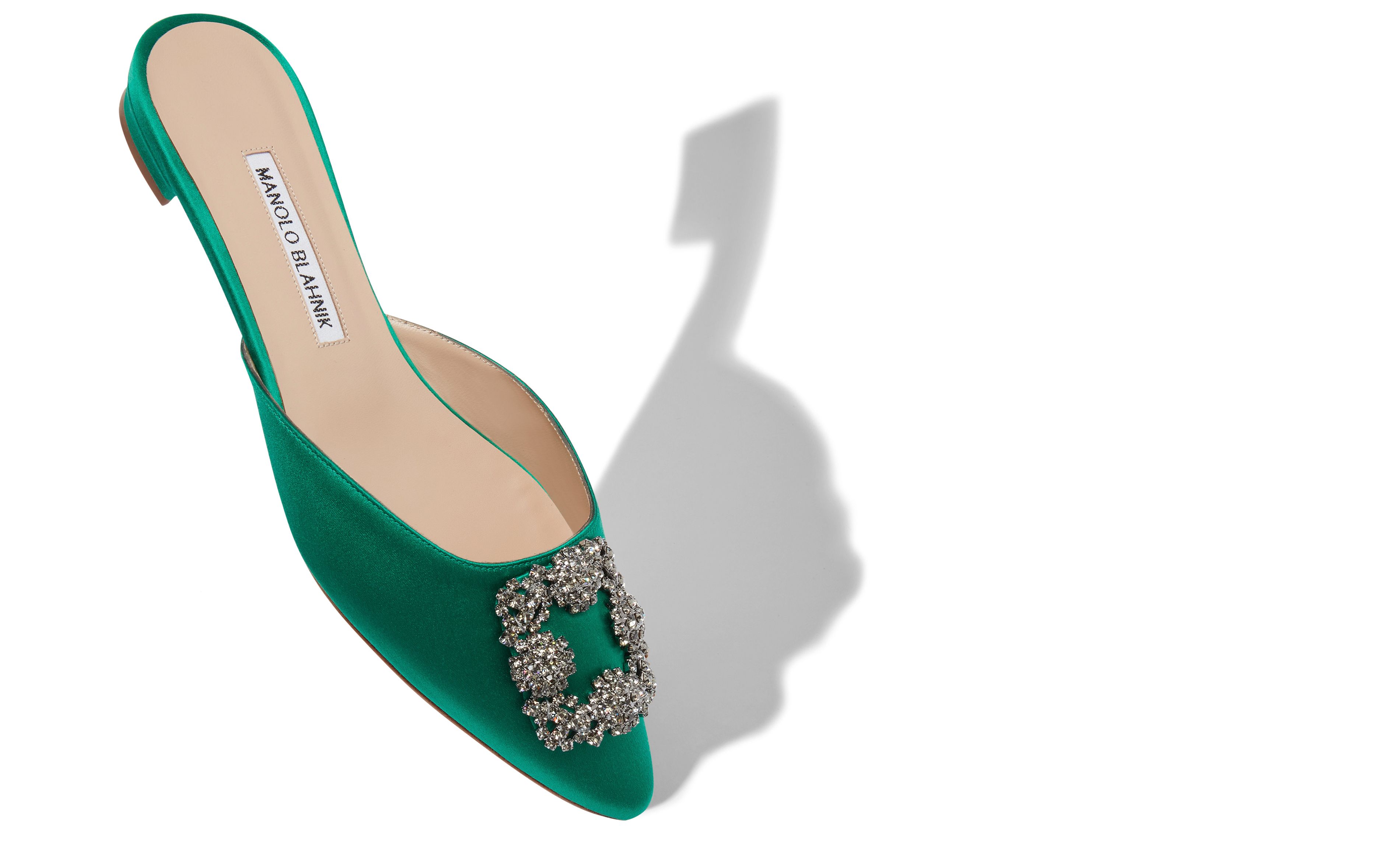 Designer Green Satin Jewel Buckle Flat Mules - Image Main