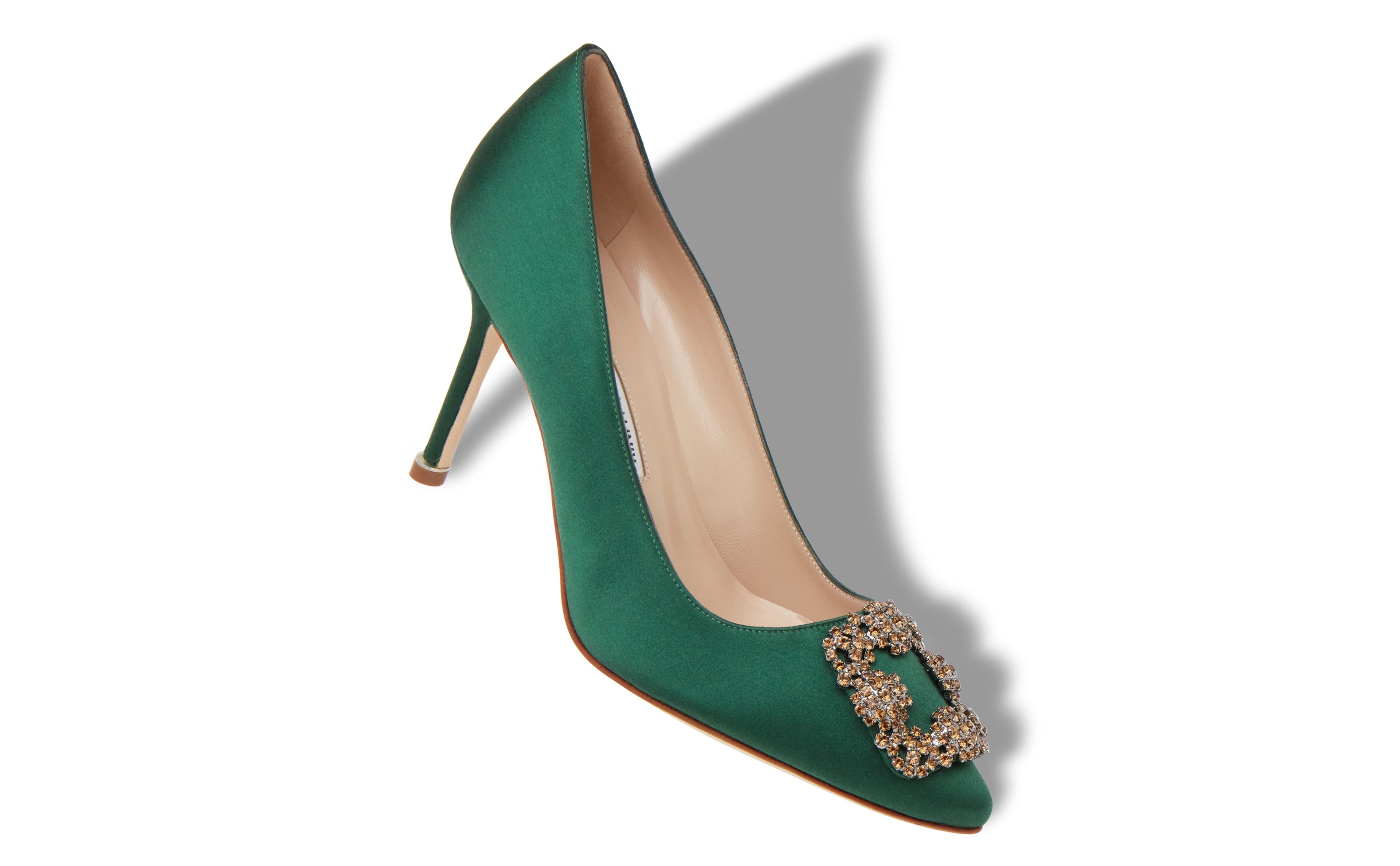 Designer Green Satin Jewel Buckle Pumps  - Image Main
