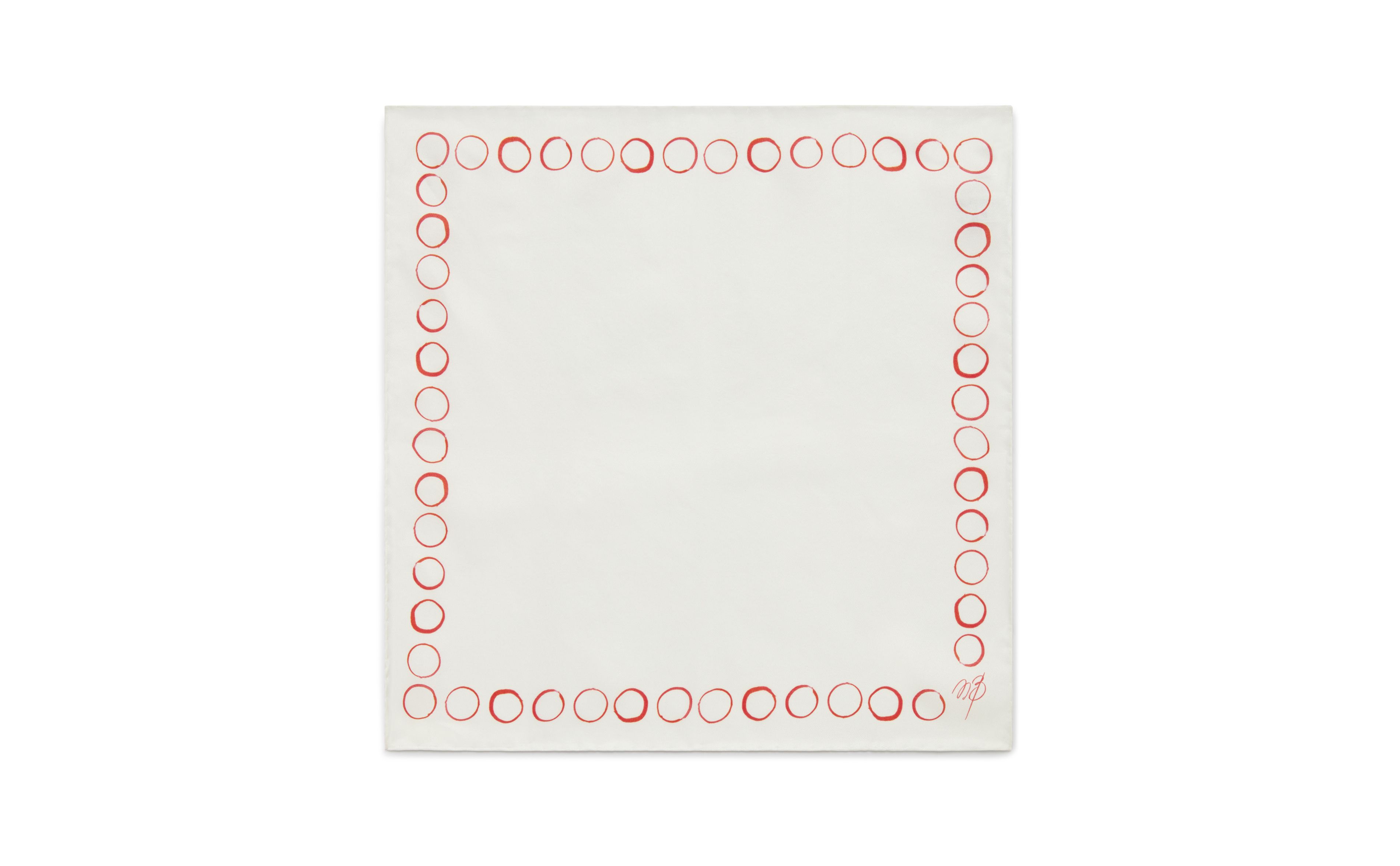 Designer Ivory and Red Silk Circle Print Pocket Square - Image Side View