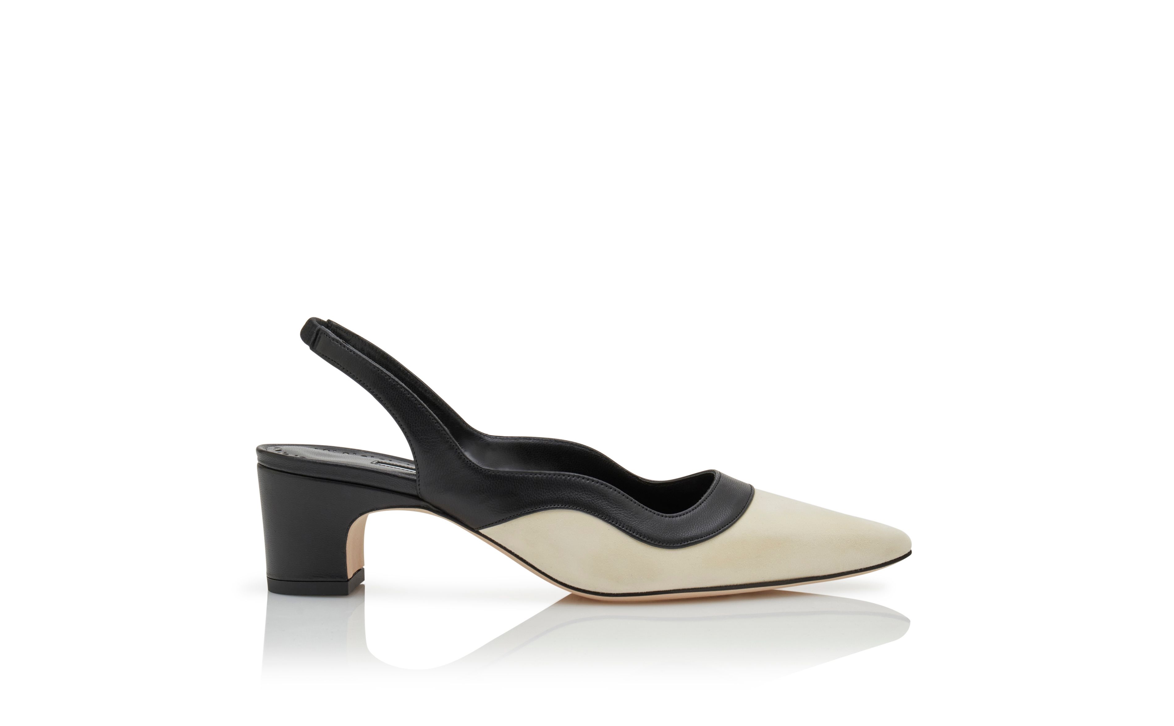 Designer Dark Cream and Black Suede Slingback Pumps - Image Side View