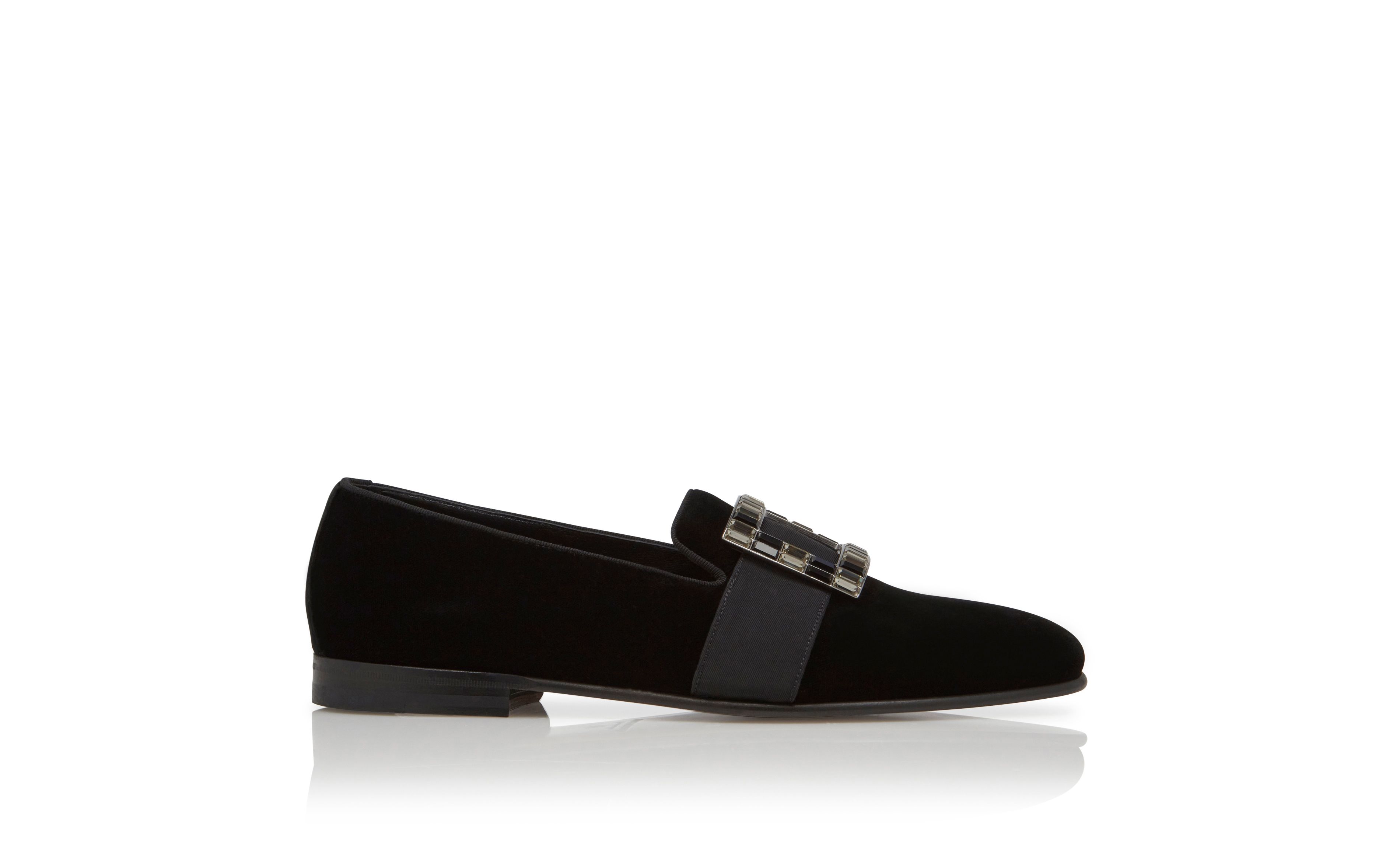 Designer Black Velvet Buckled Loafers - Image Side View