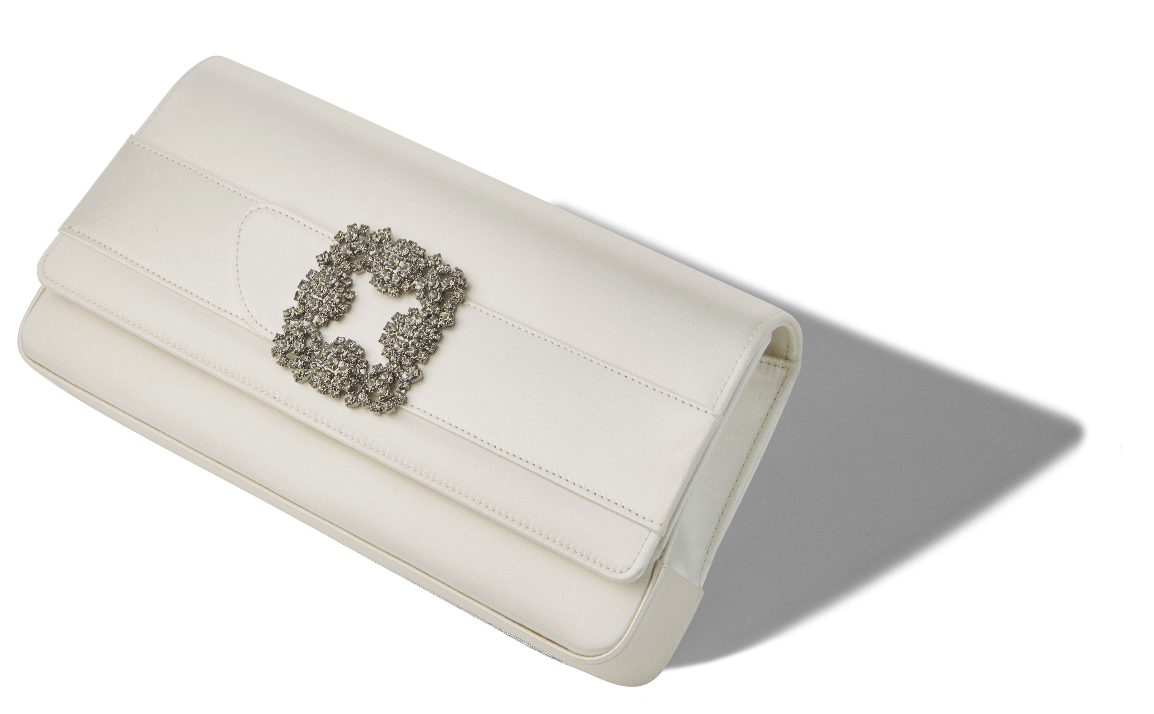 Designer Light Cream Satin Jewel Buckle Clutch - Image Main