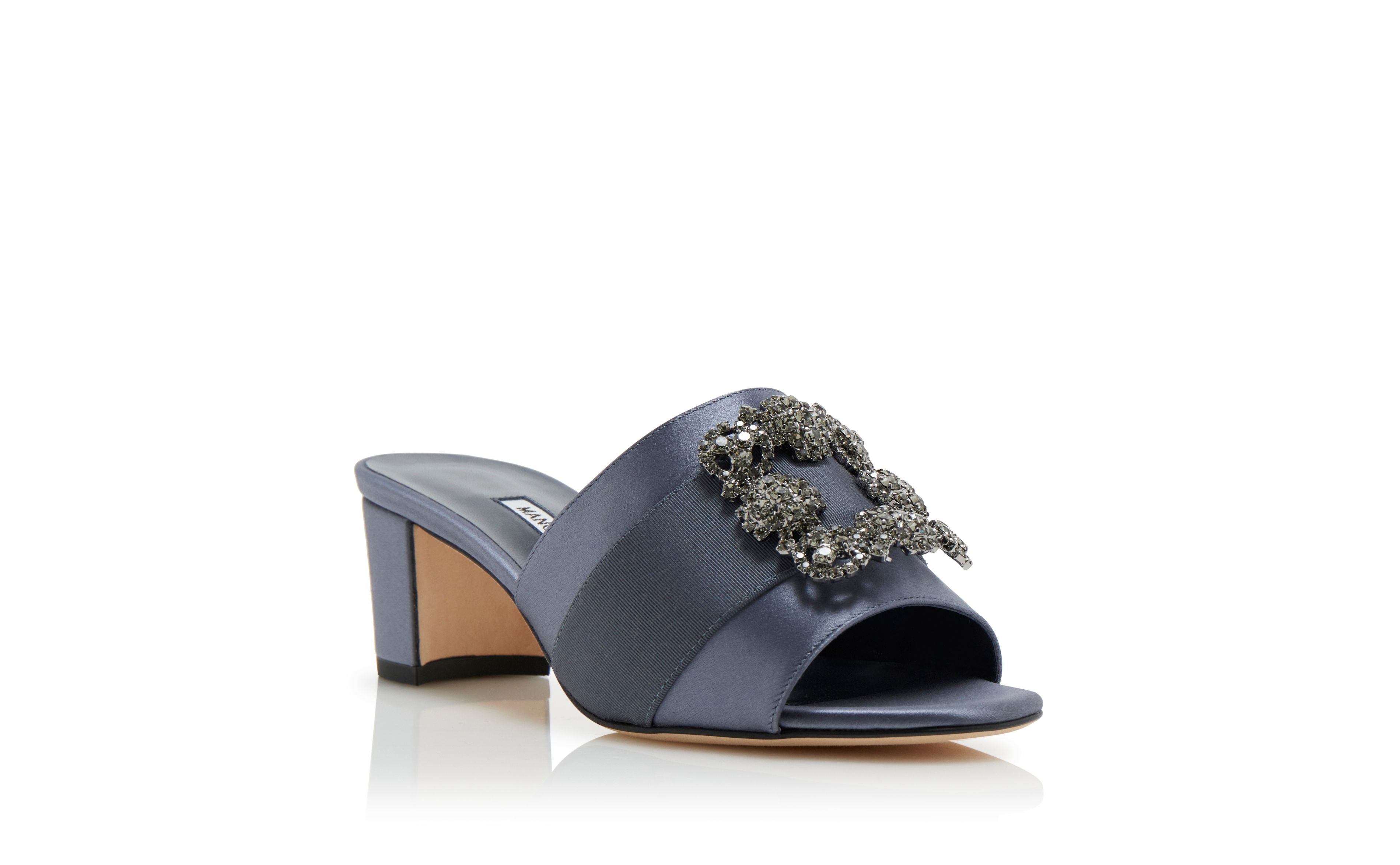 Designer Blue-Grey Satin Jewel Buckle Mules - Image Upsell