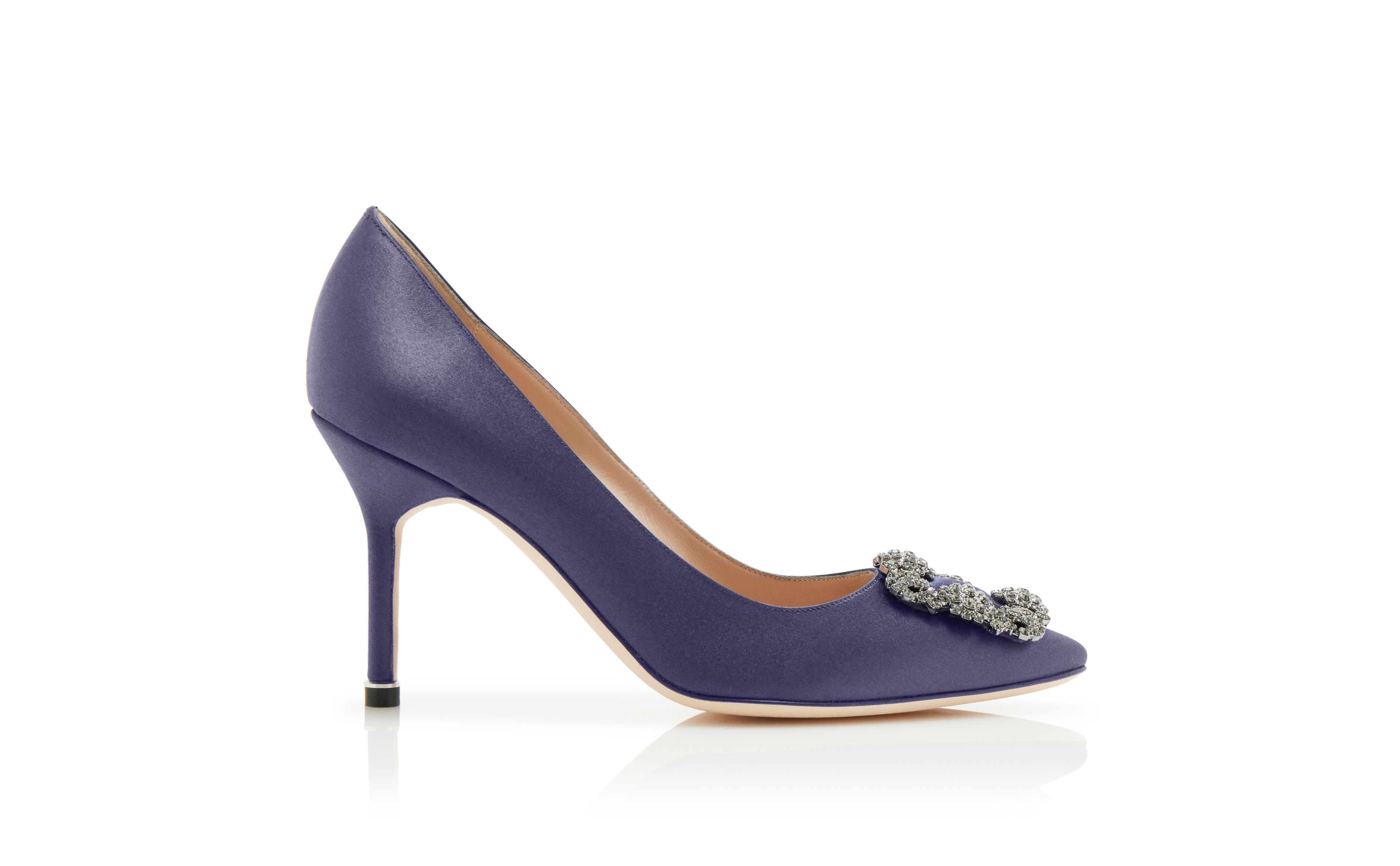 Designer Dark Blue Satin Jewel Buckle Pumps - Image Side View