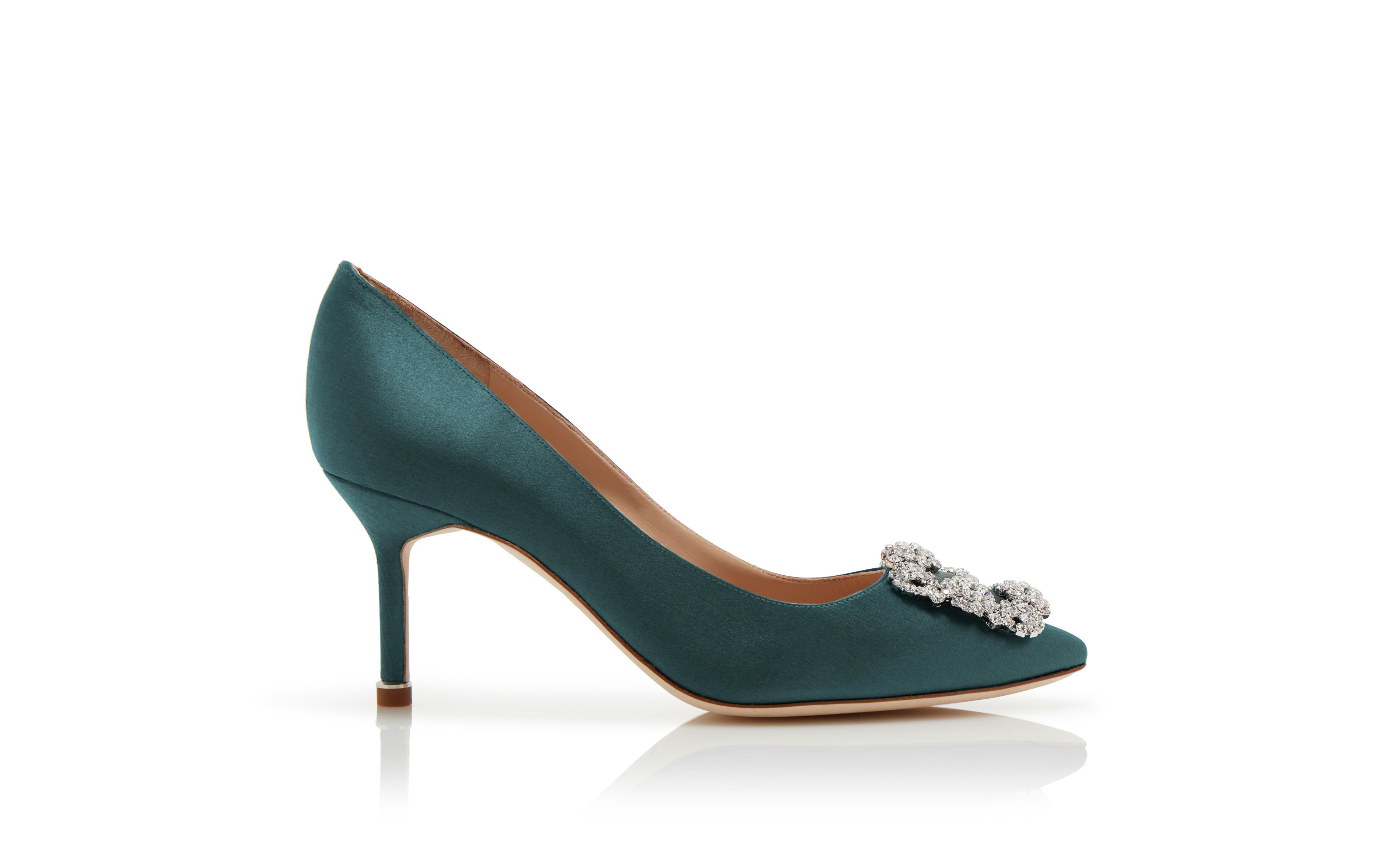 Designer Forest Green Satin Jewel Buckle Pumps - Image Side View
