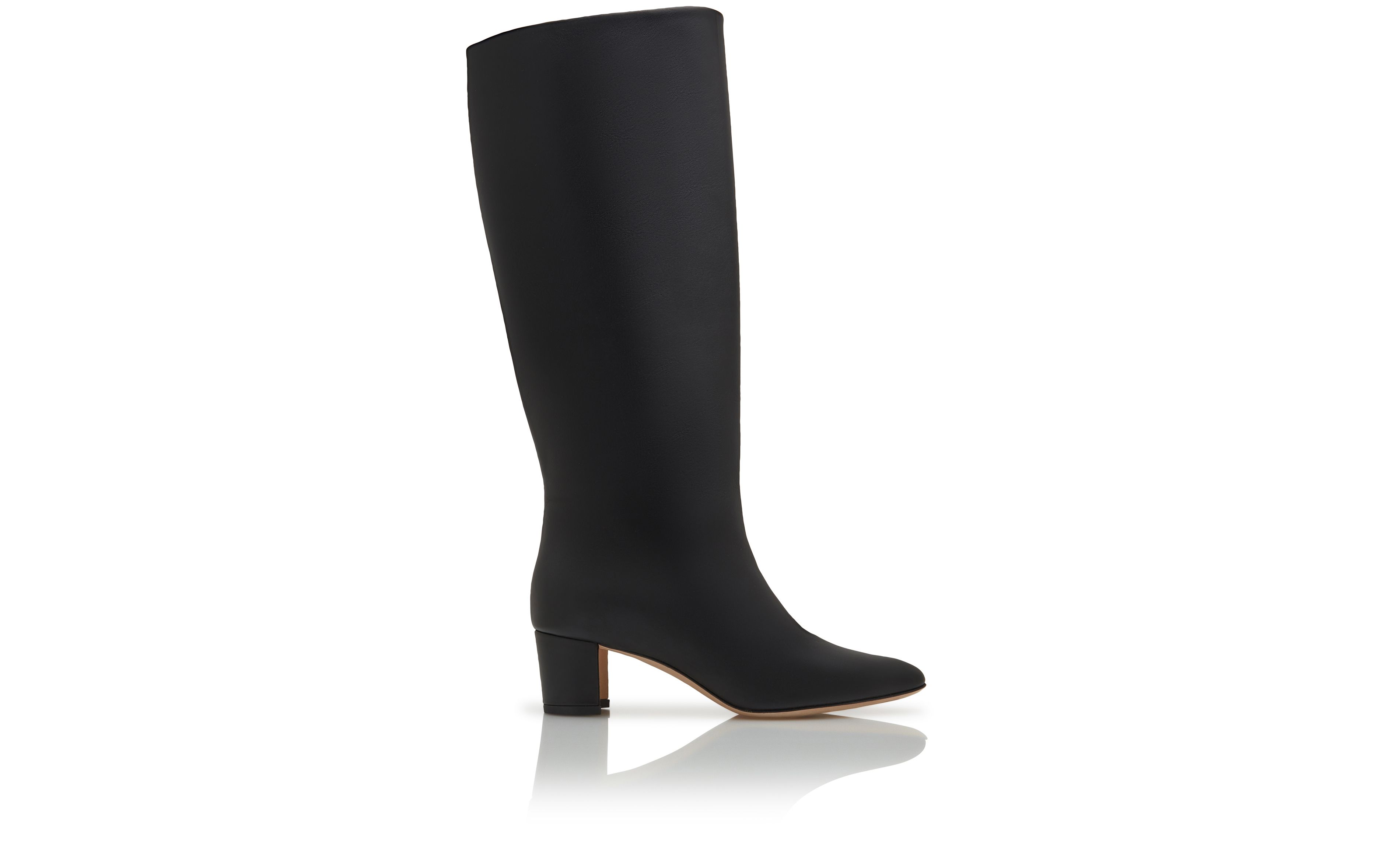 Designer Black Calf Leather Knee High Boots  - Image Side View