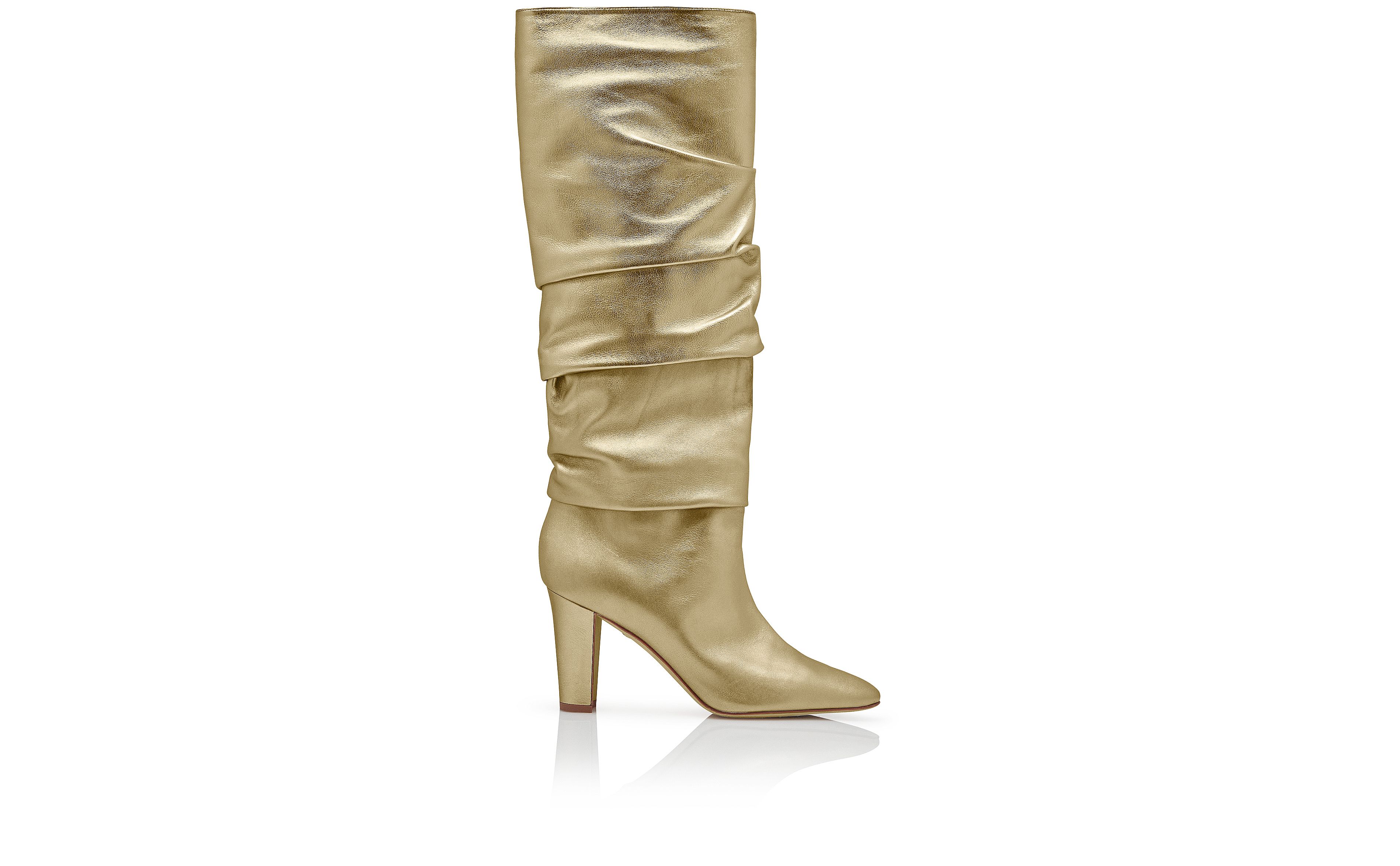 CALASSOHI | Gold Calf Leather Knee High Slouchy Boots | Manolo 