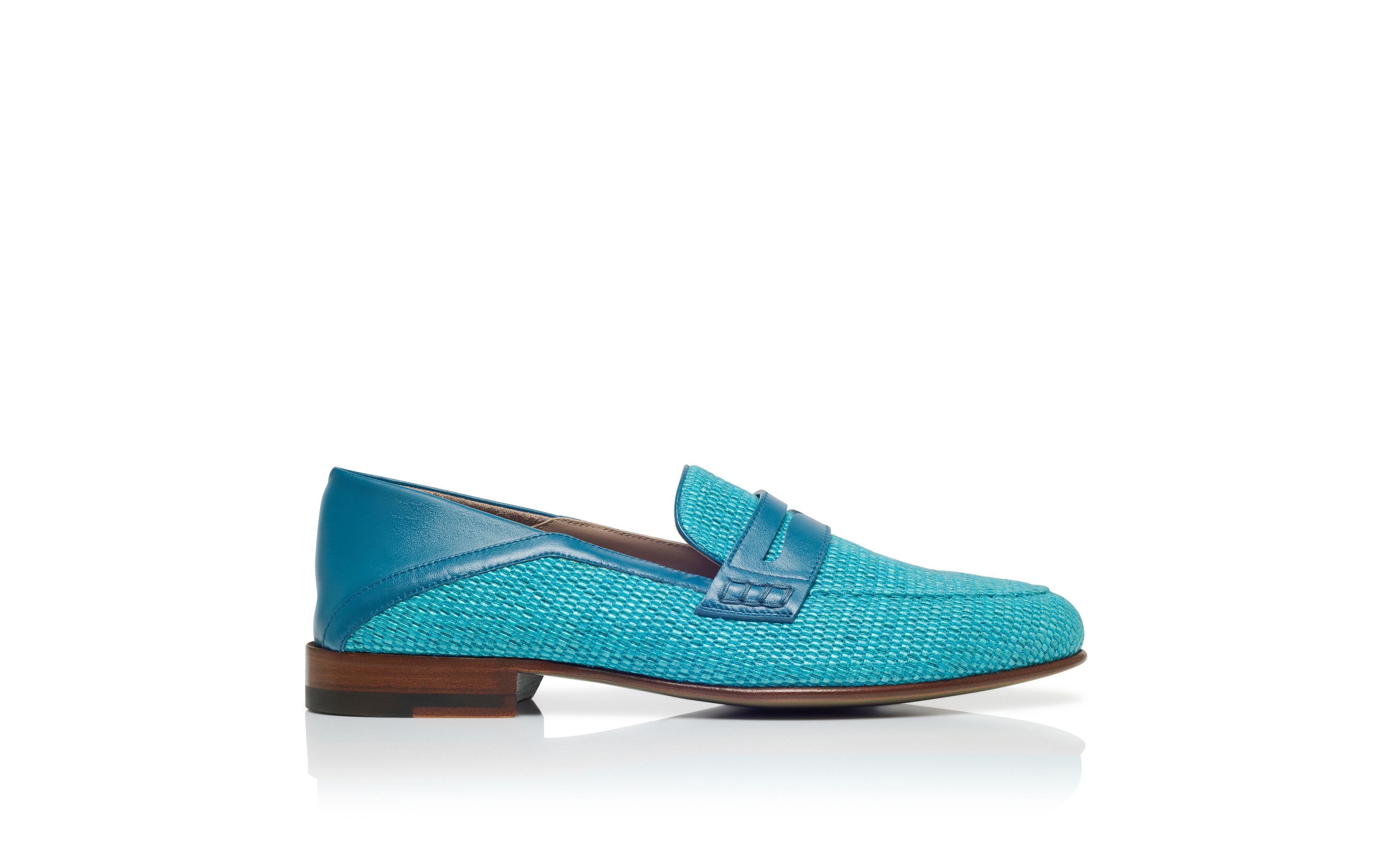 Designer Blue Raffia Penny Loafers - Image Side View