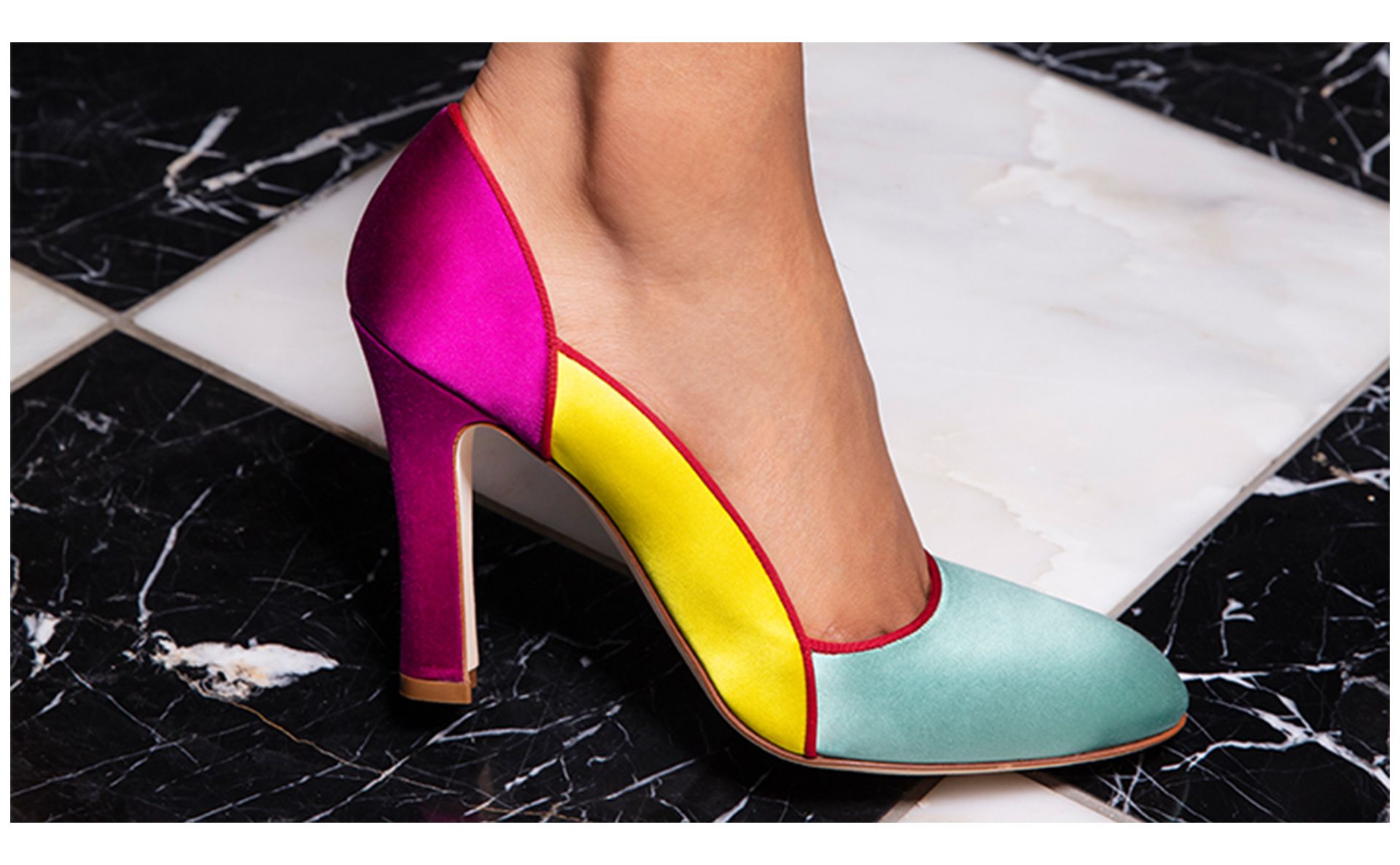 Designer Teal, Yellow and Pink Satin Scalloped Pumps - Image 