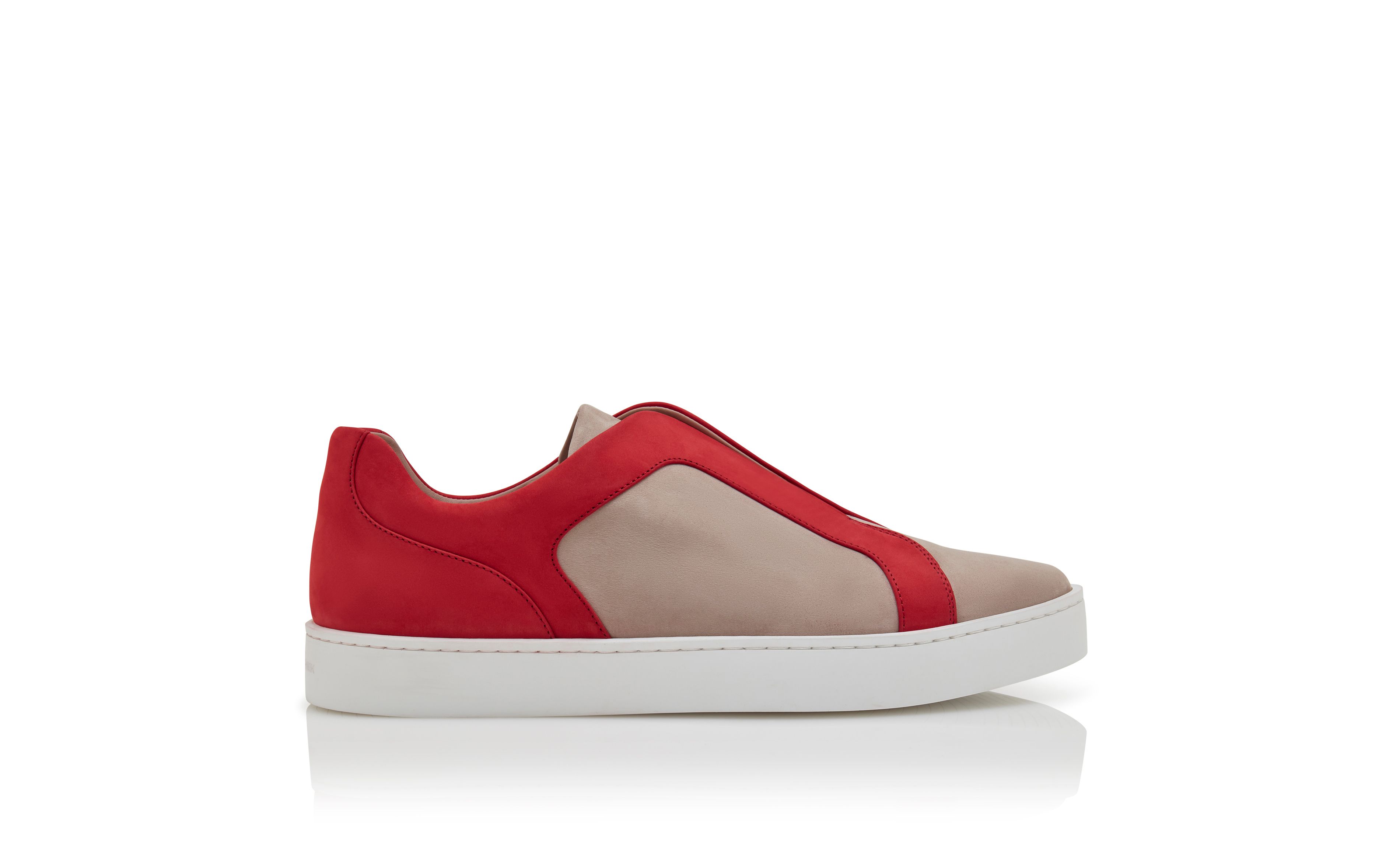 Designer Grey and Red Calf Leather Low Cut Sneakers - Image Side View