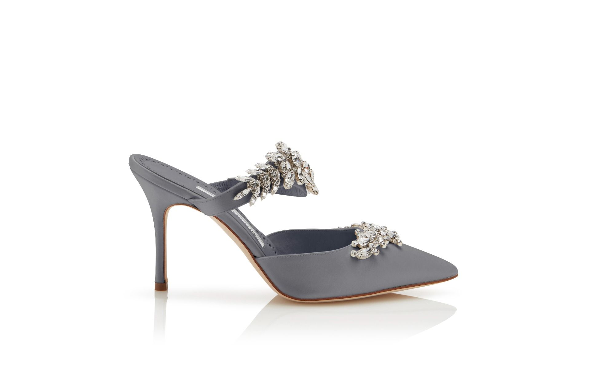 Designer Grey Satin Crystal Embellished Mules - Image Side View