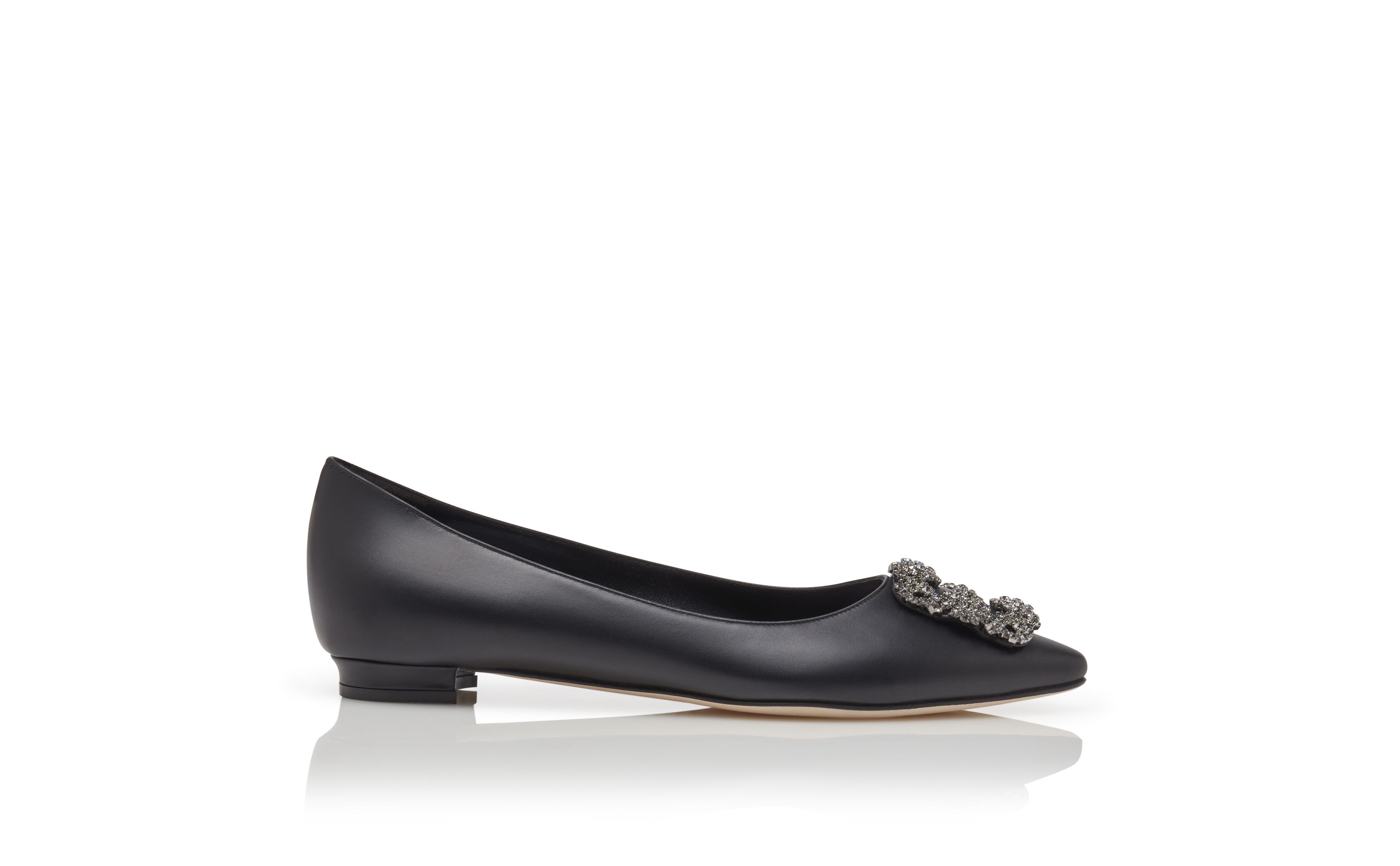 HANGISIFLAT | Black Calf Leather Jewel Buckle Flat Shoes 